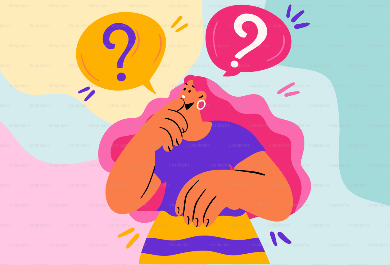 Woman with question marks thinking about something