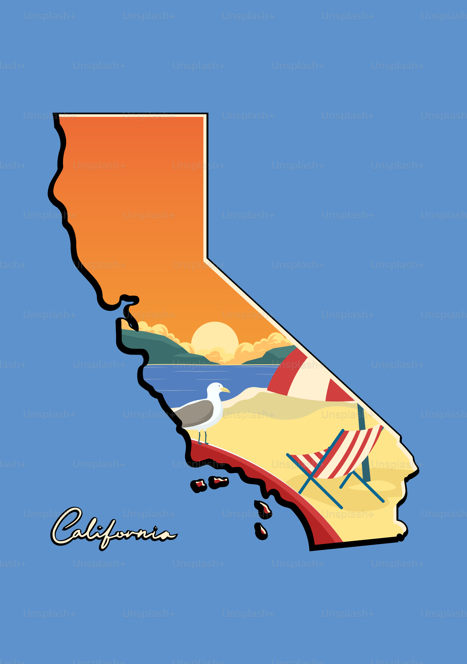 California coastline with beach chairs and sunset