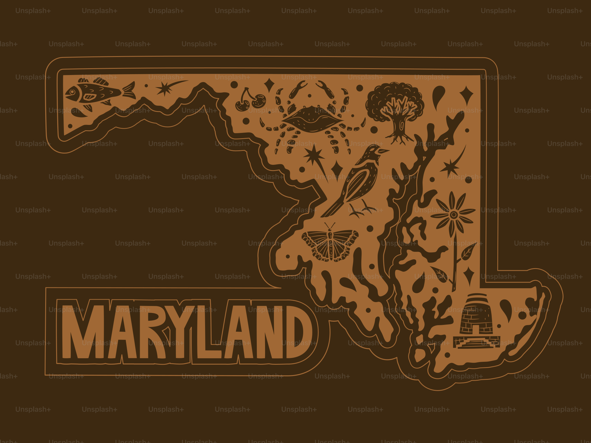 Umriss des Bundesstaates Maryland mit ikonischen Symbolen und Text.