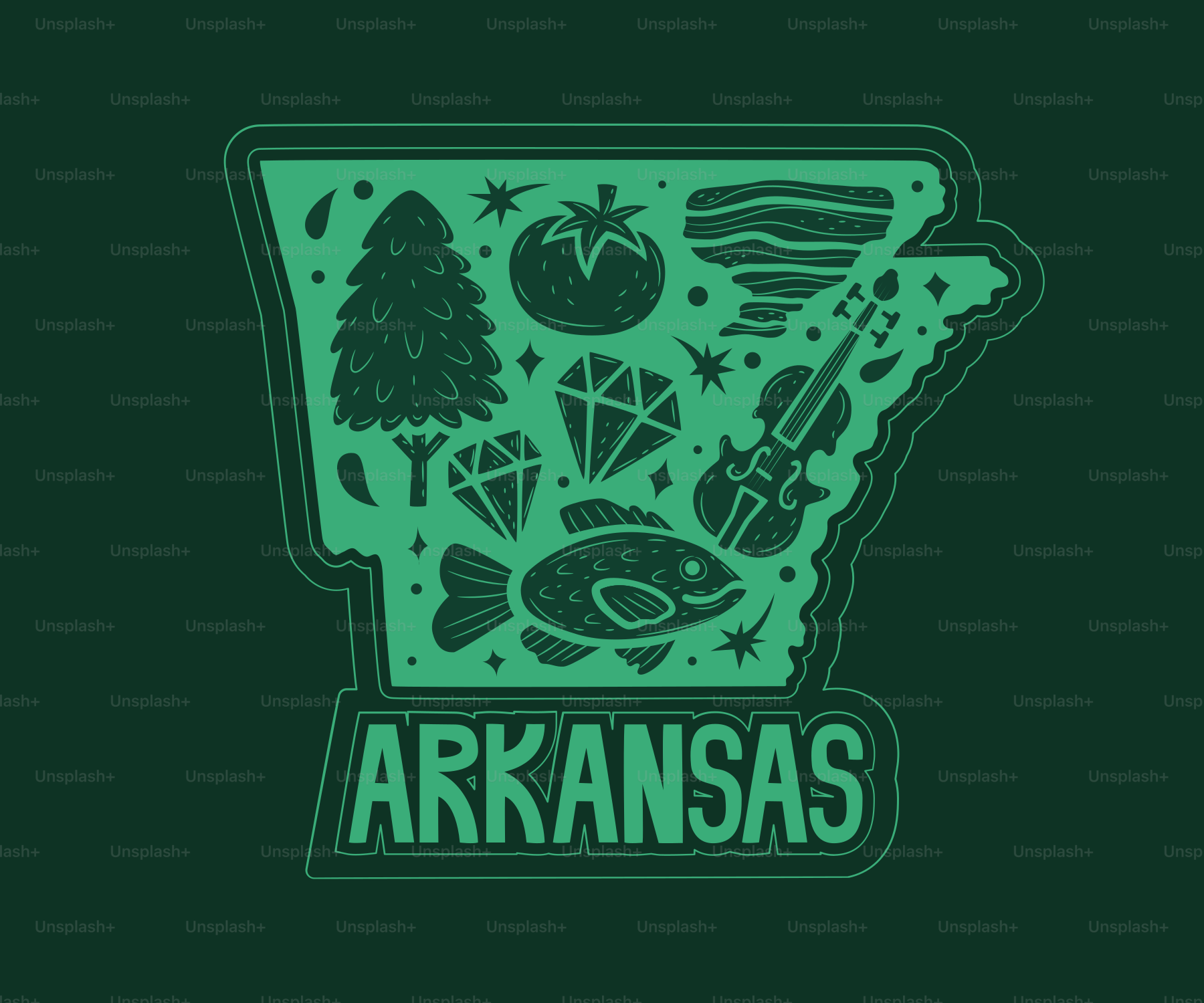 Arkansas State Umriss mit Ikonen der Natur und Industrie.