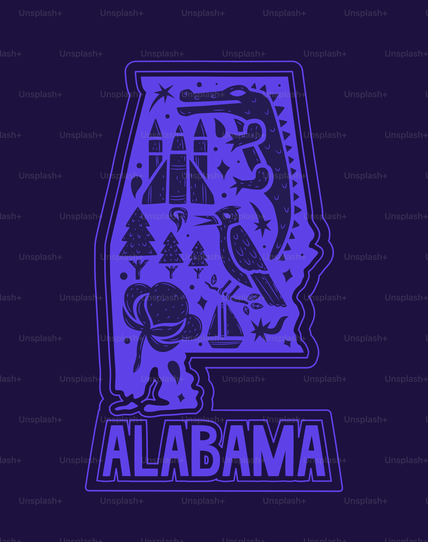 Umriss des Bundesstaates Alabama, gefüllt mit Symbolen