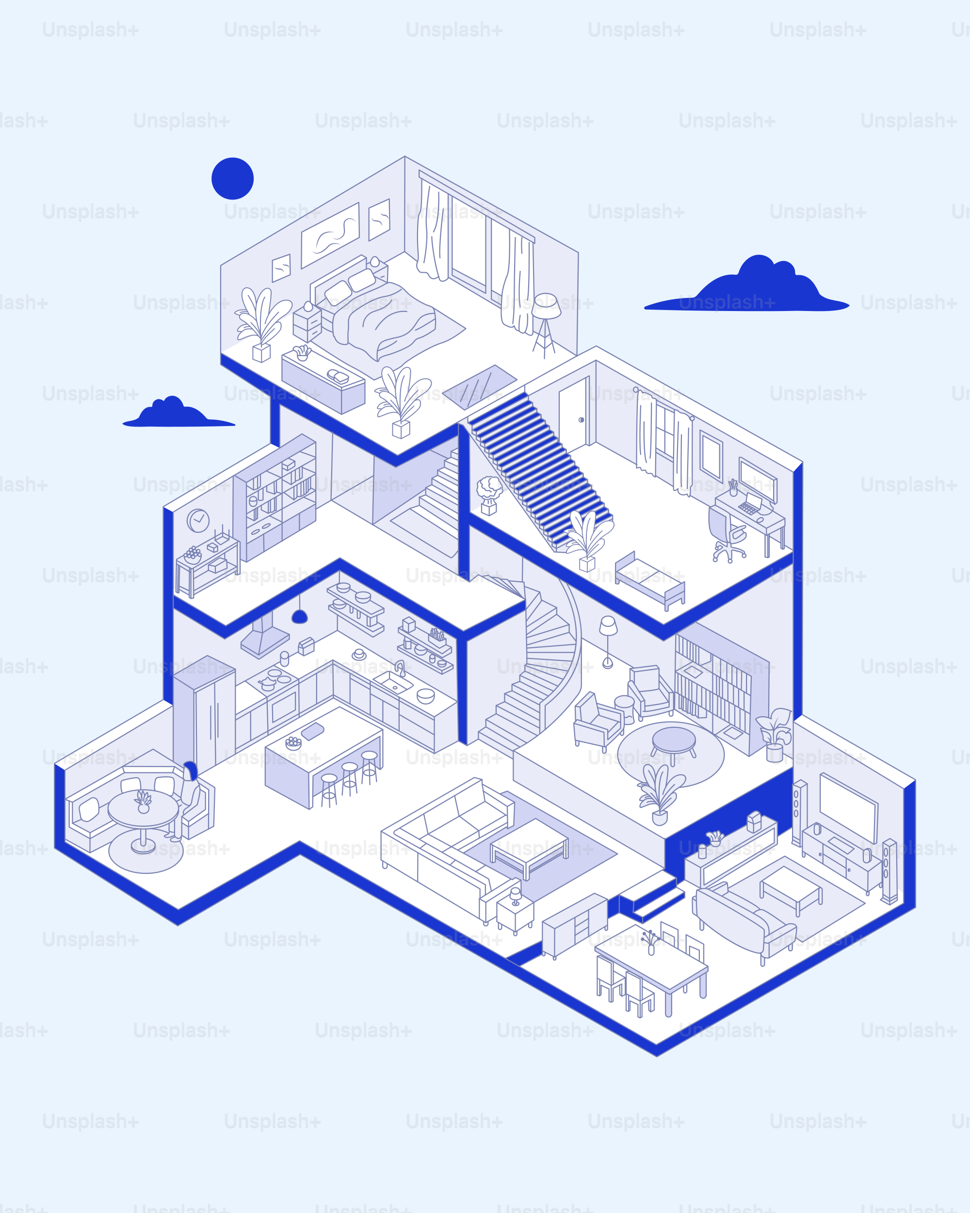 Vista isométrica de un diseño interior moderno de vivienda