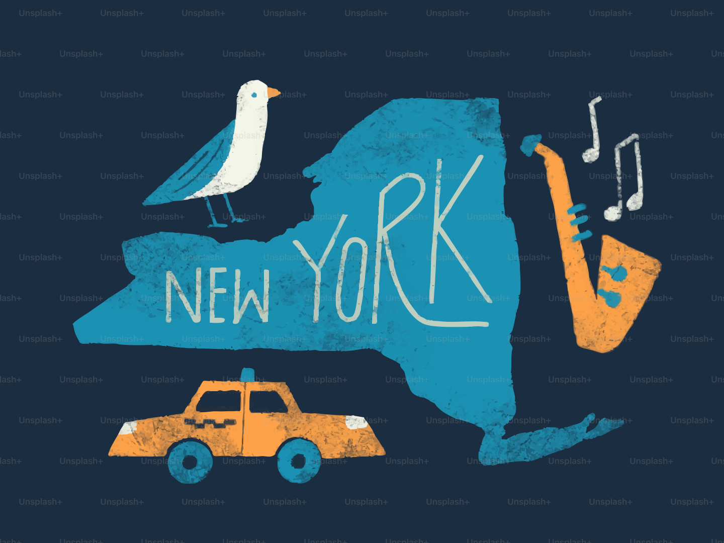New york state map with taxi, bird, and saxophone.