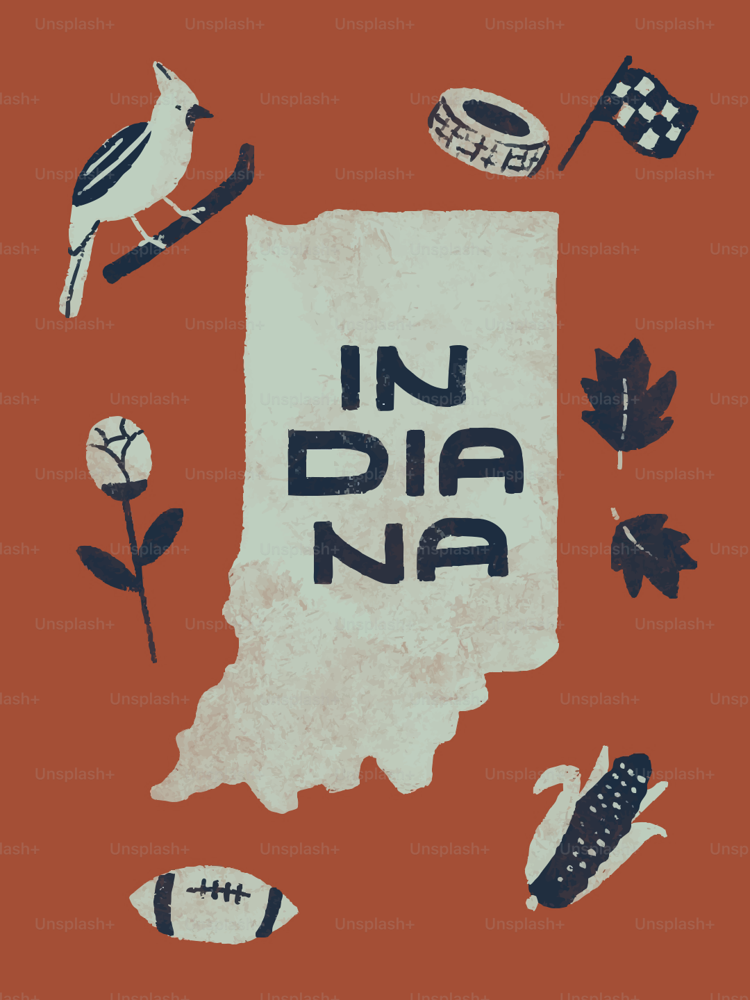 Indiana state outline with symbols of state culture