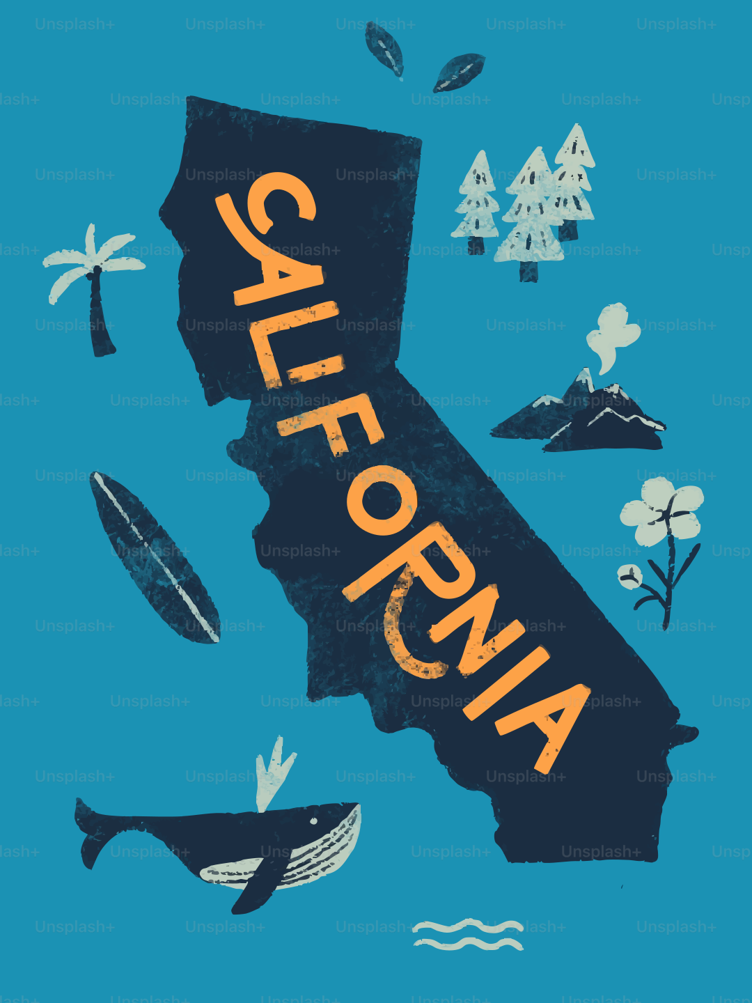 California state shape with iconic symbols and text