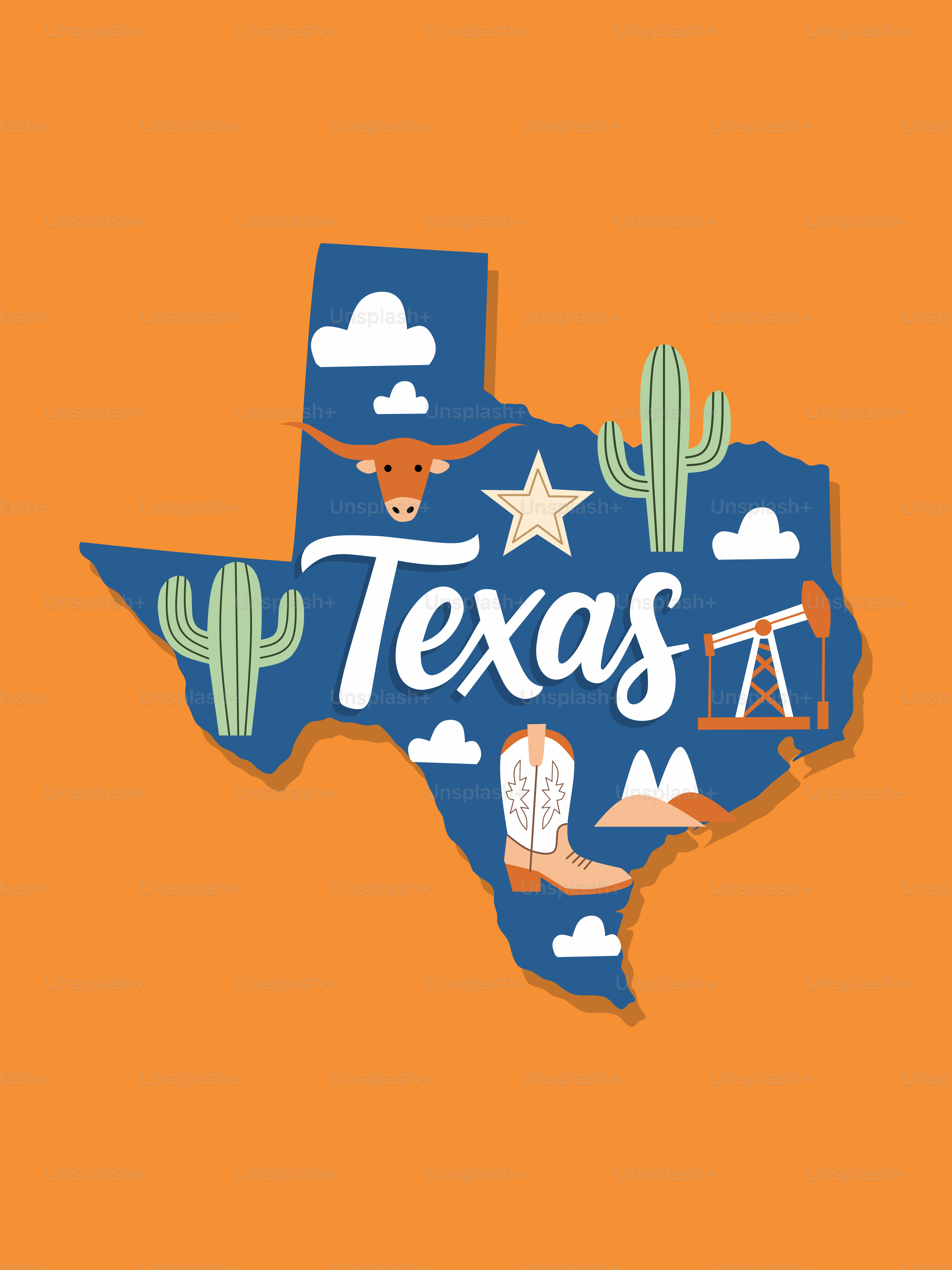 Texas state shape with iconic symbols and text