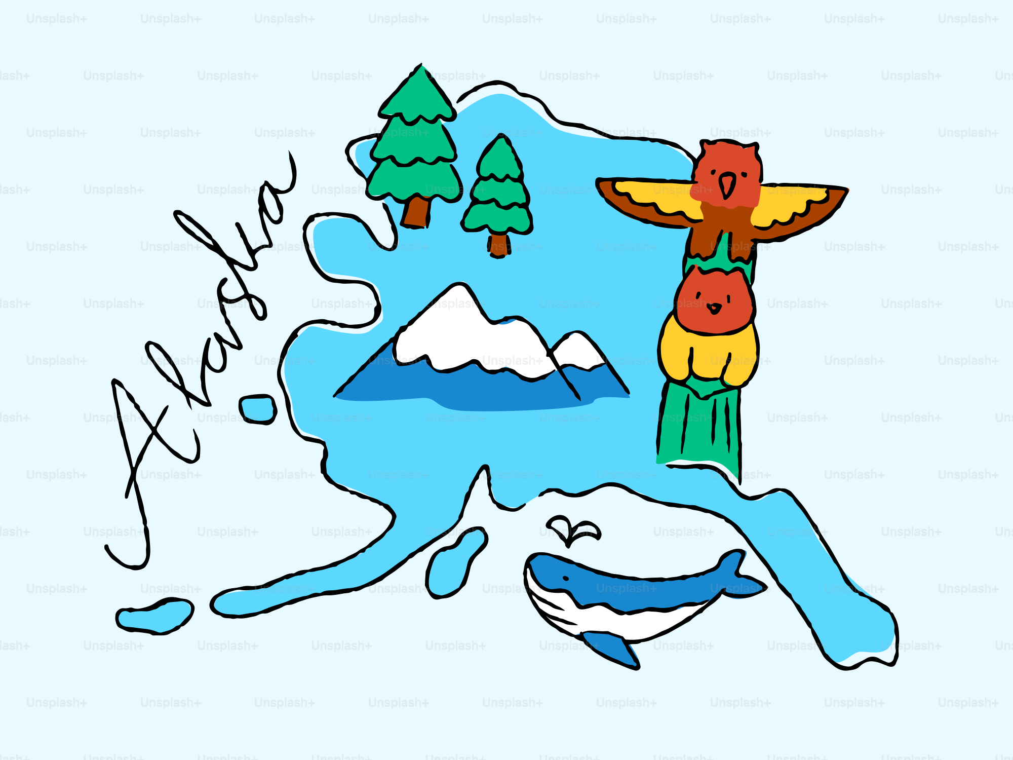 Map of alaska with iconic symbols and natural elements.