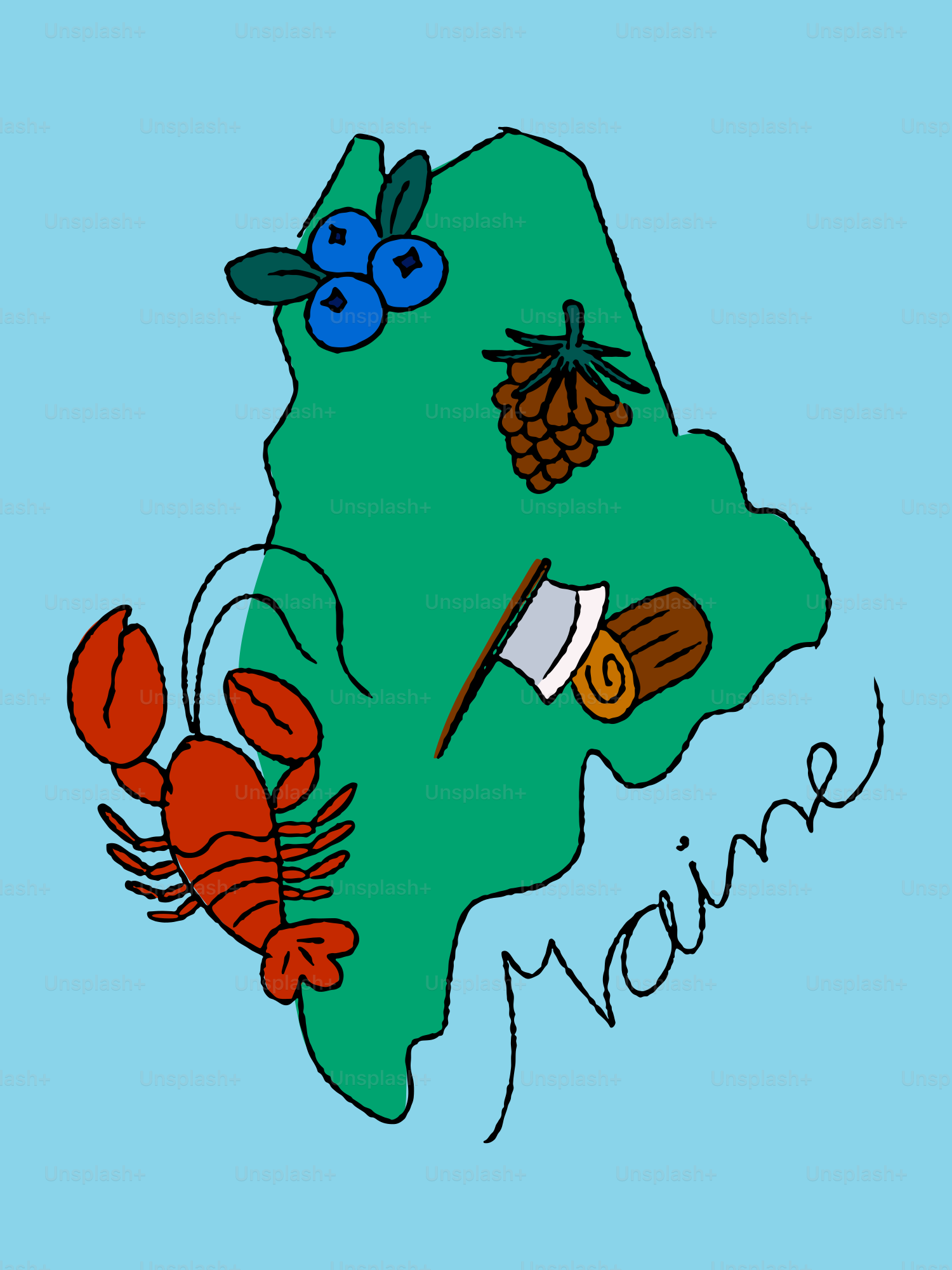 Silhouette du Maine avec homard, myrtilles, hache et pommes de pin