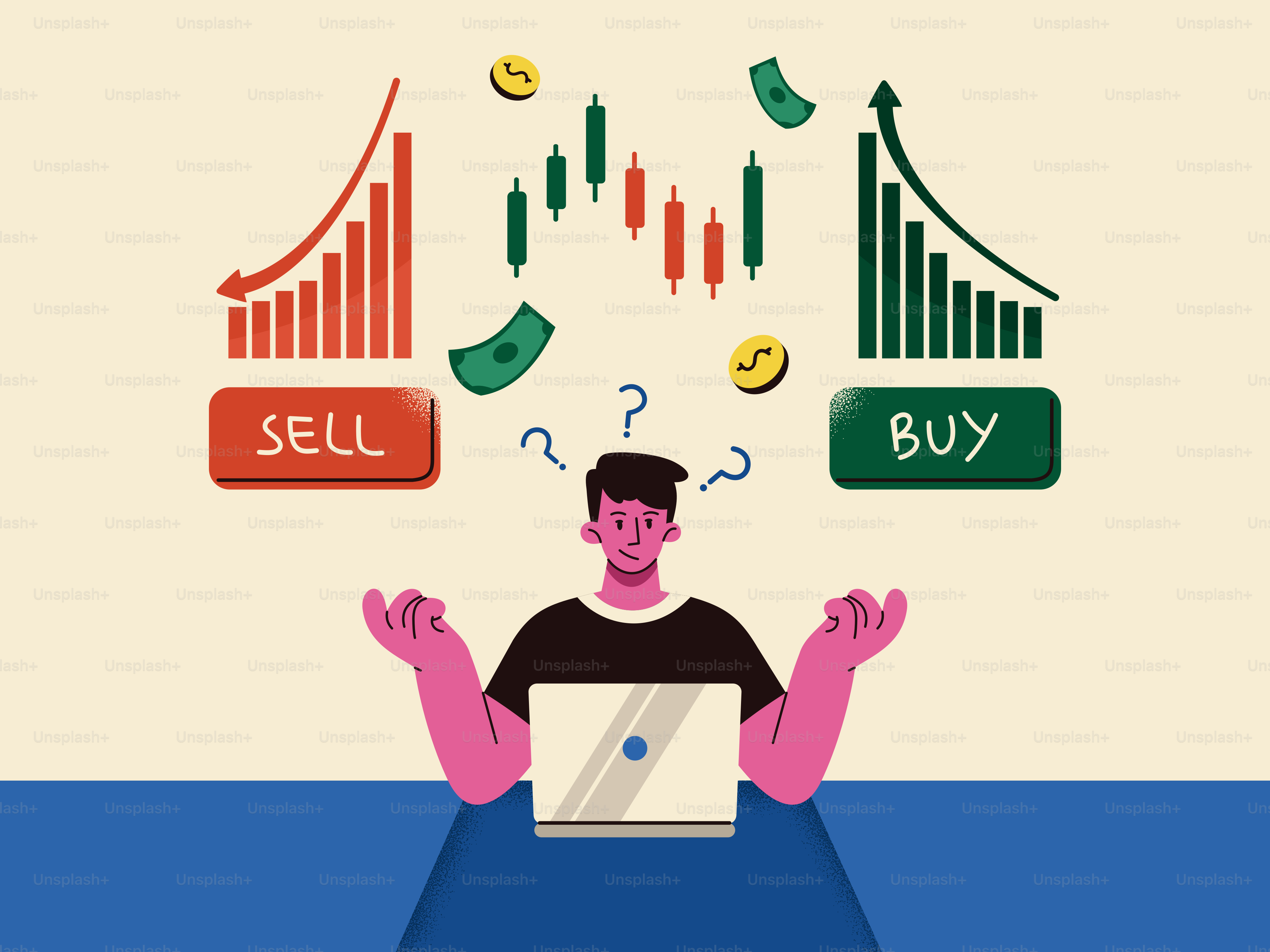 Hombre eligiendo entre comprar o vender acciones.