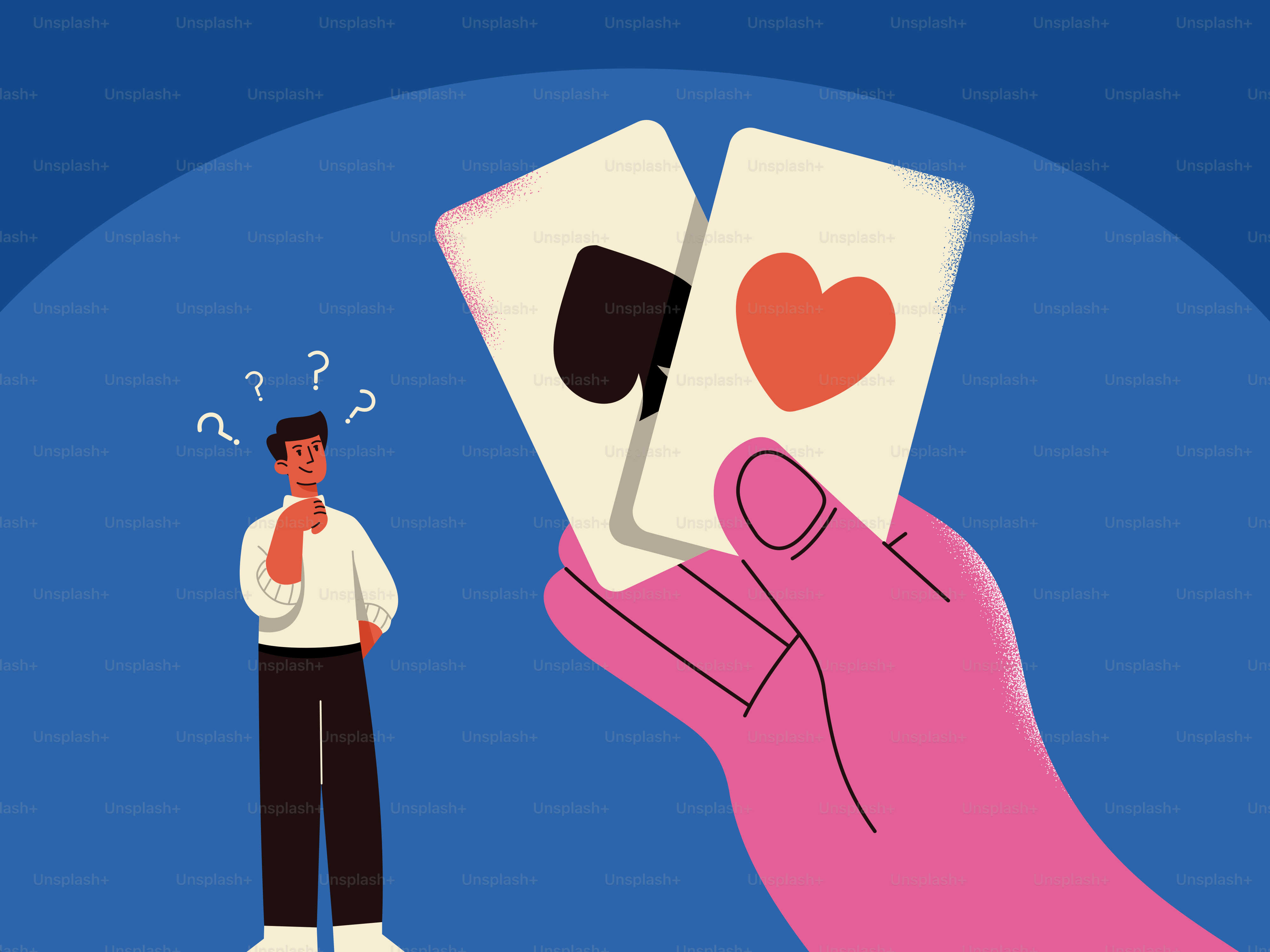 Hombre confundido por las cartas ofrecidas por una mano grande