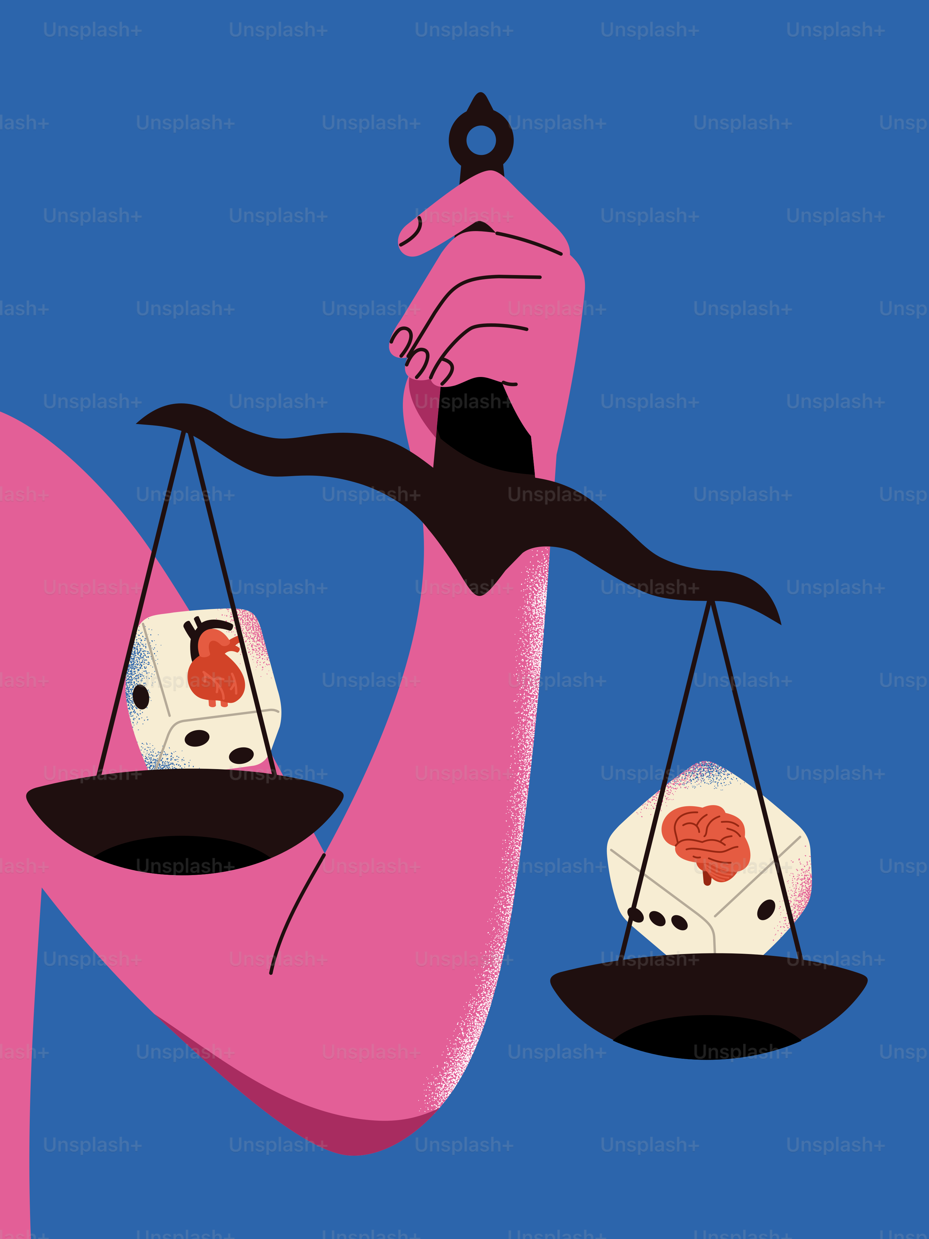 Dados de corazón y cerebro equilibrados en una balanza