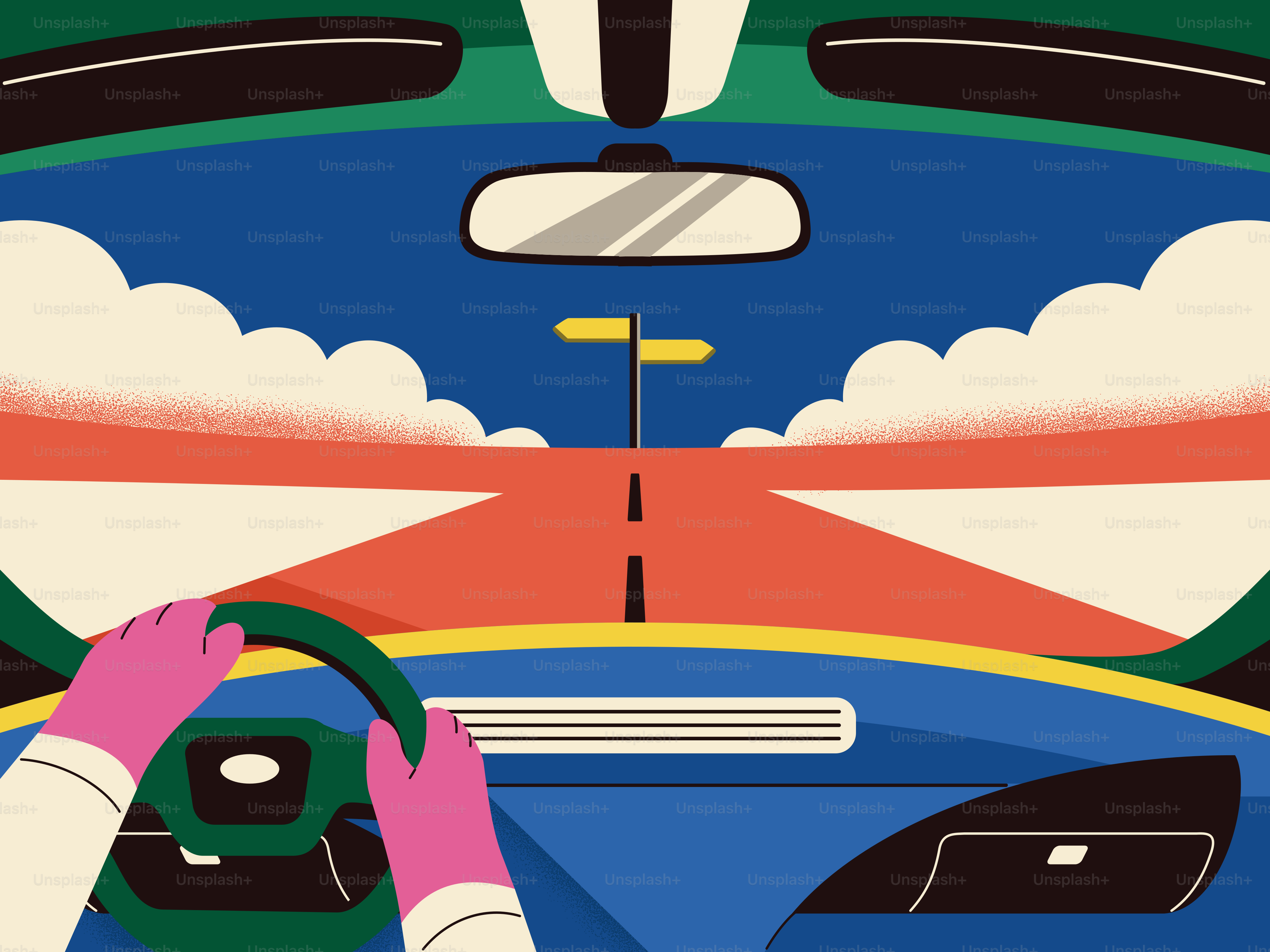 Manos en el volante conduciendo por una carretera colorida