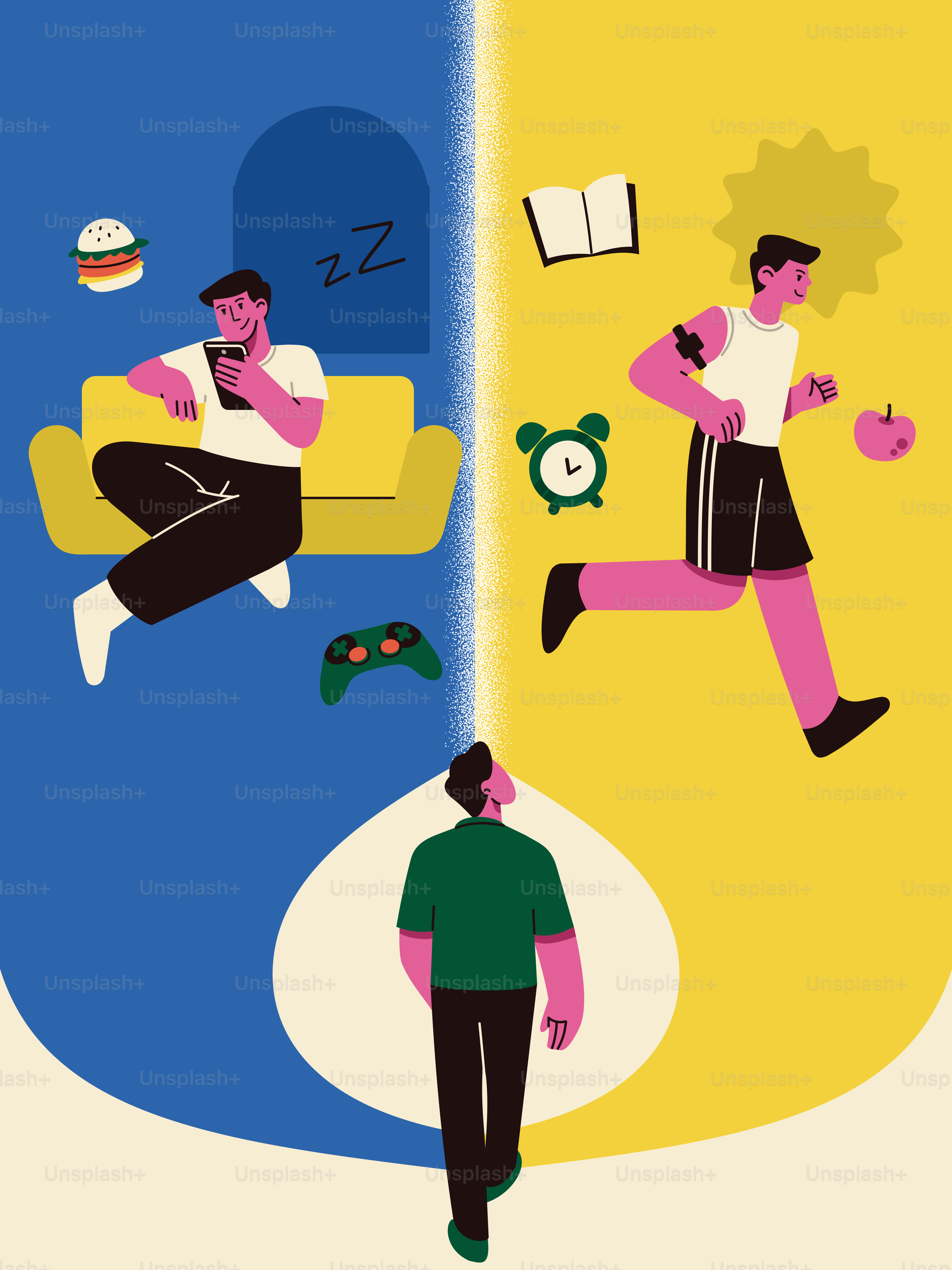 Hombre eligiendo entre un estilo de vida sedentario y activo.