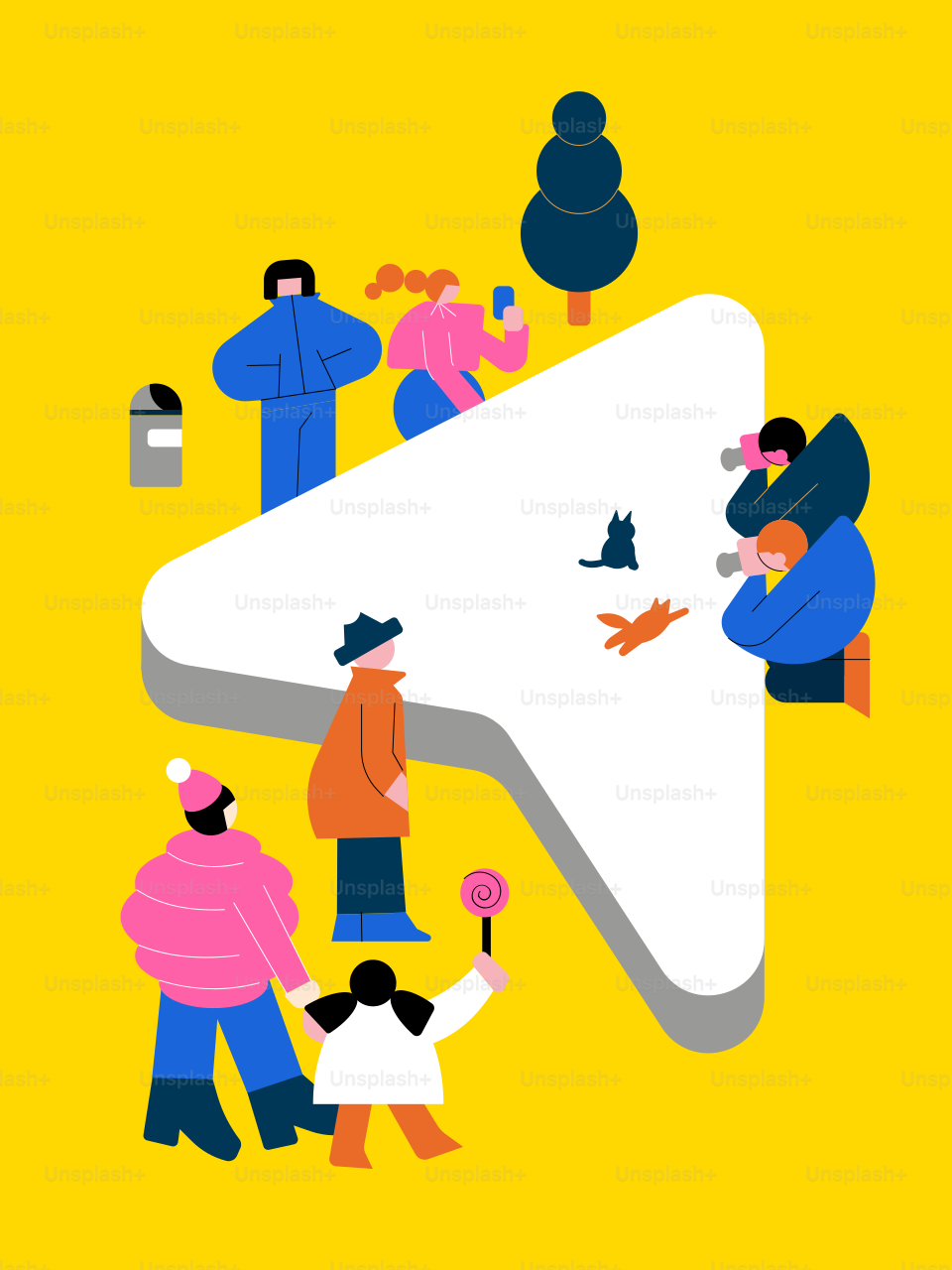 People gather around a large white arrow icon.