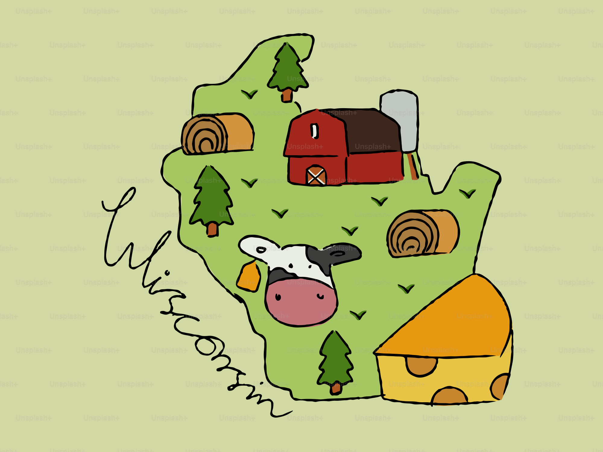 Wisconsin map with farm, cow, and cheese.