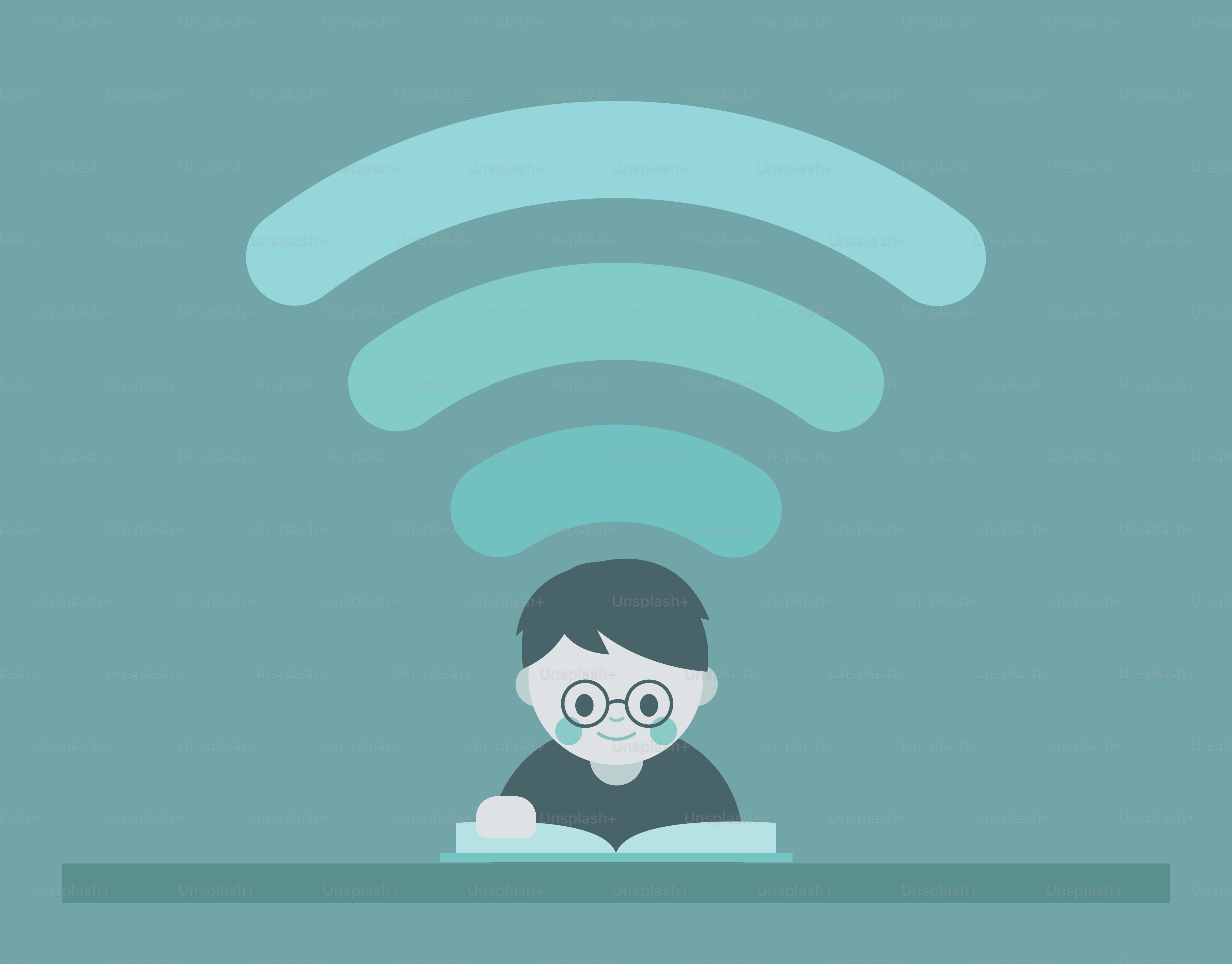 Une personne lisant un livre avec des signaux wifi au-dessus