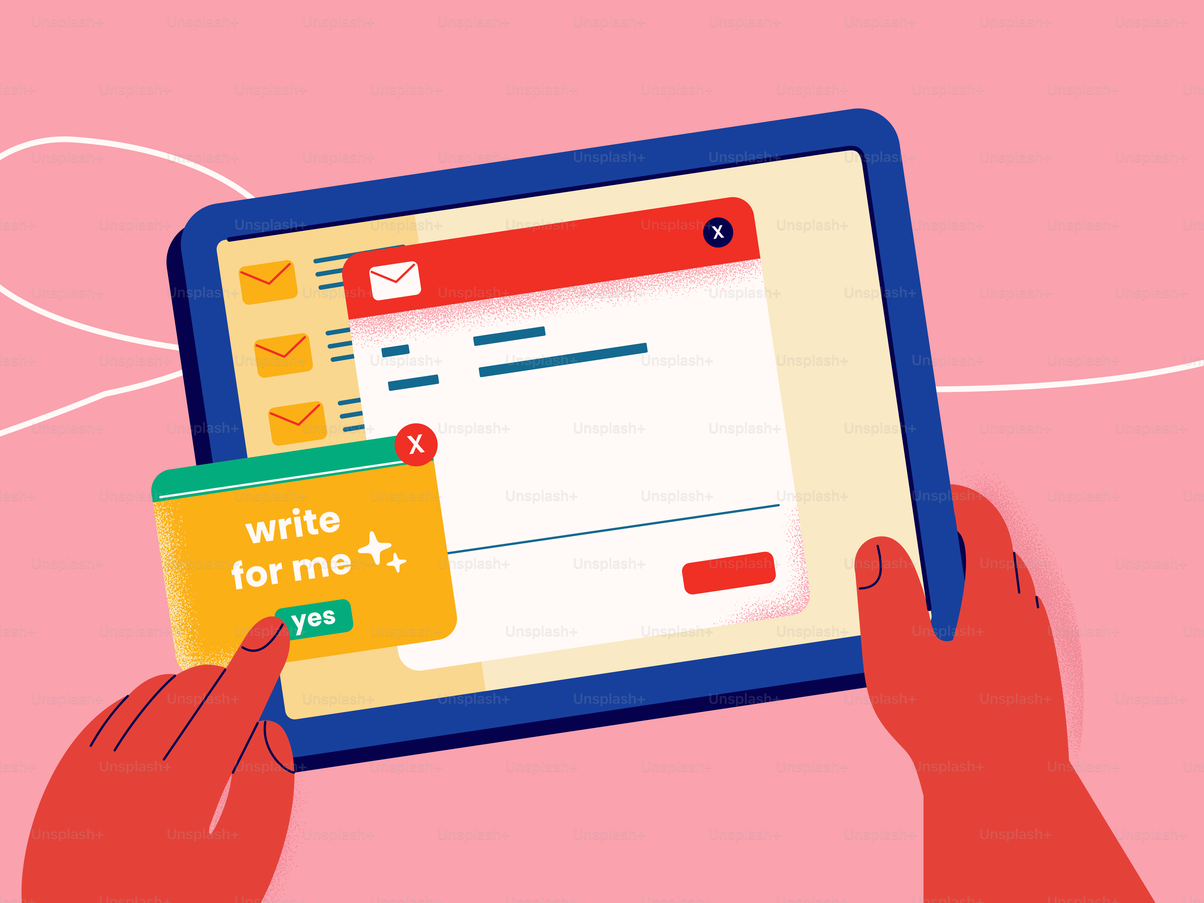 Manos sujetando la tableta con correo electrónico y indicación de escritura.