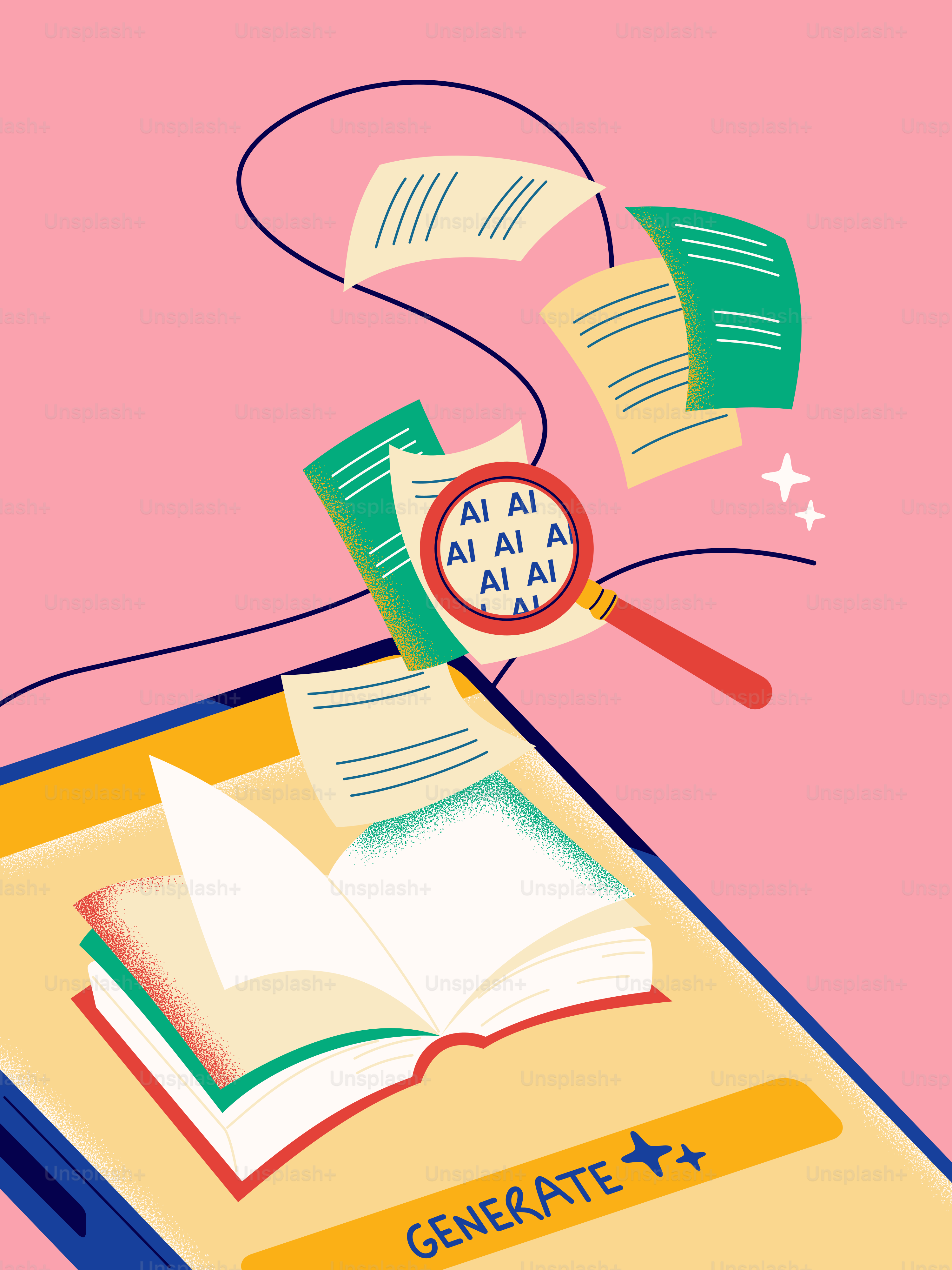 Lupa sobre papeles con texto de IA en pantalla del móvil.