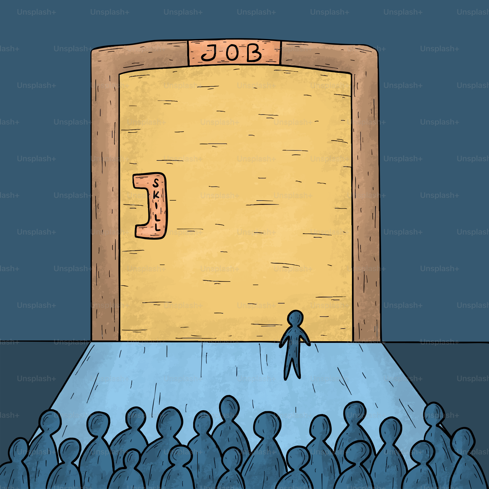 Kleine Gestalt nähert sich einer großen Tür mit der Aufschrift "Job"