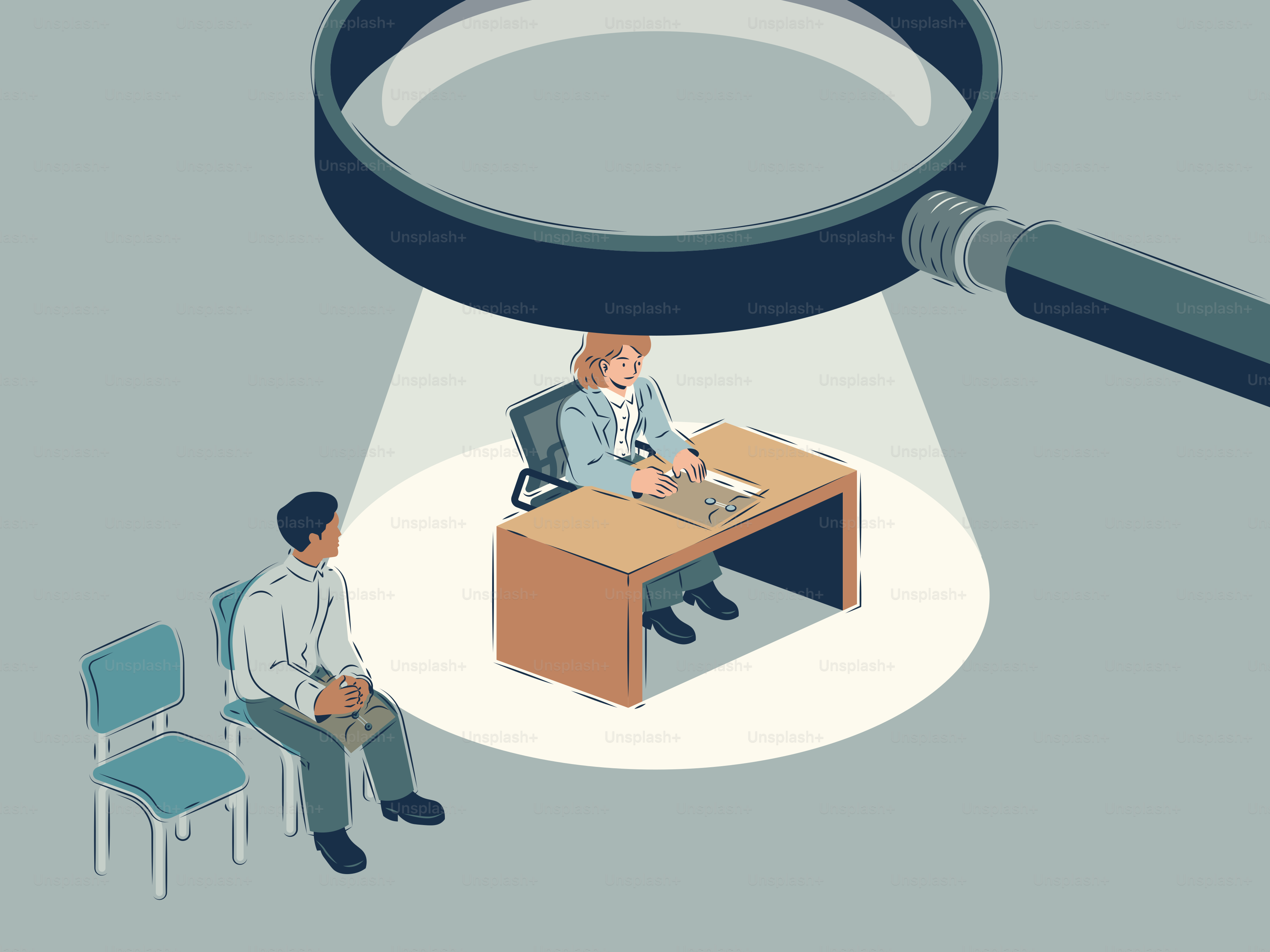 Vorstellungsgespräch unter einer Lupe.