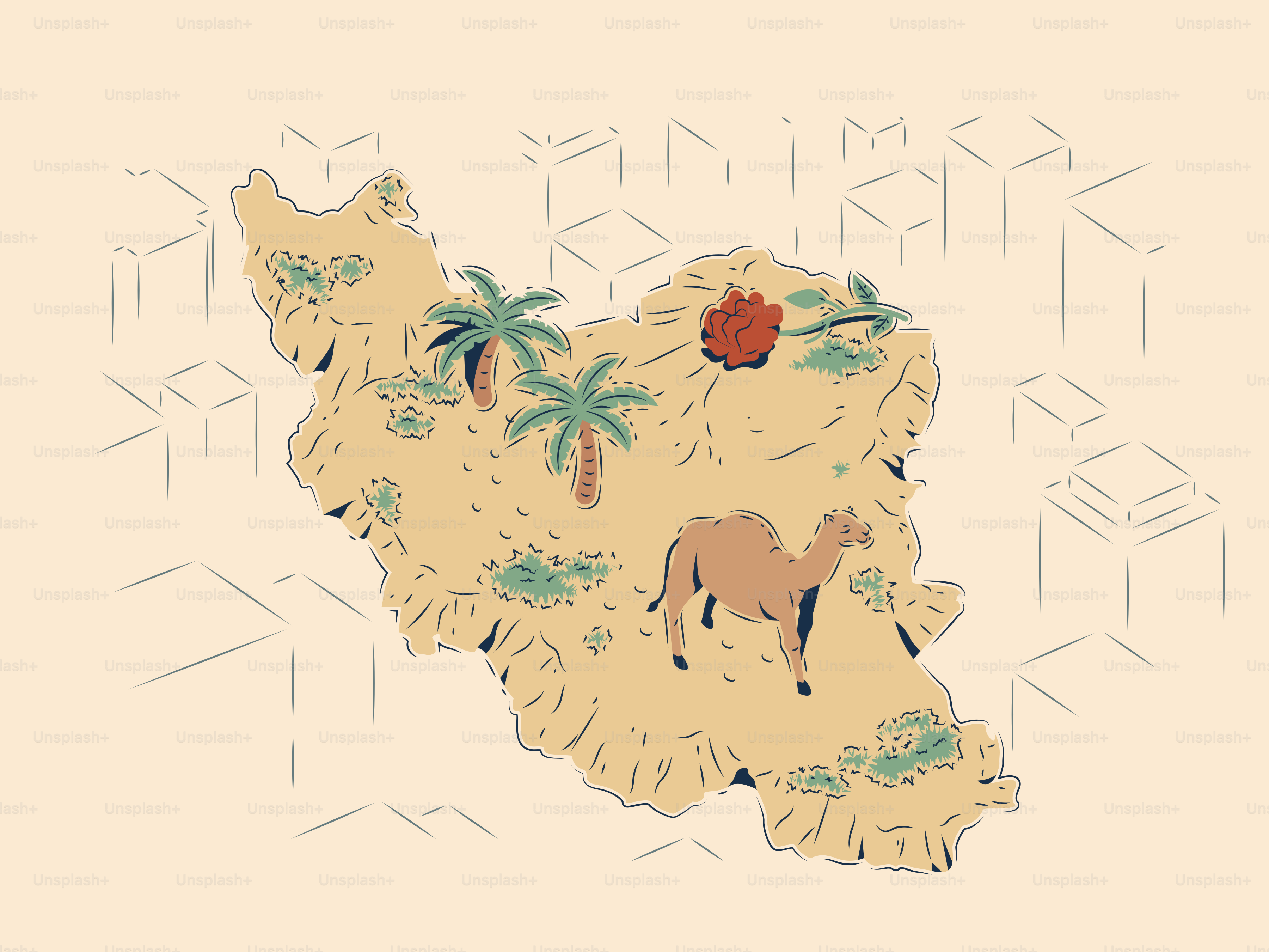 Map of iran with desert landscape and camel