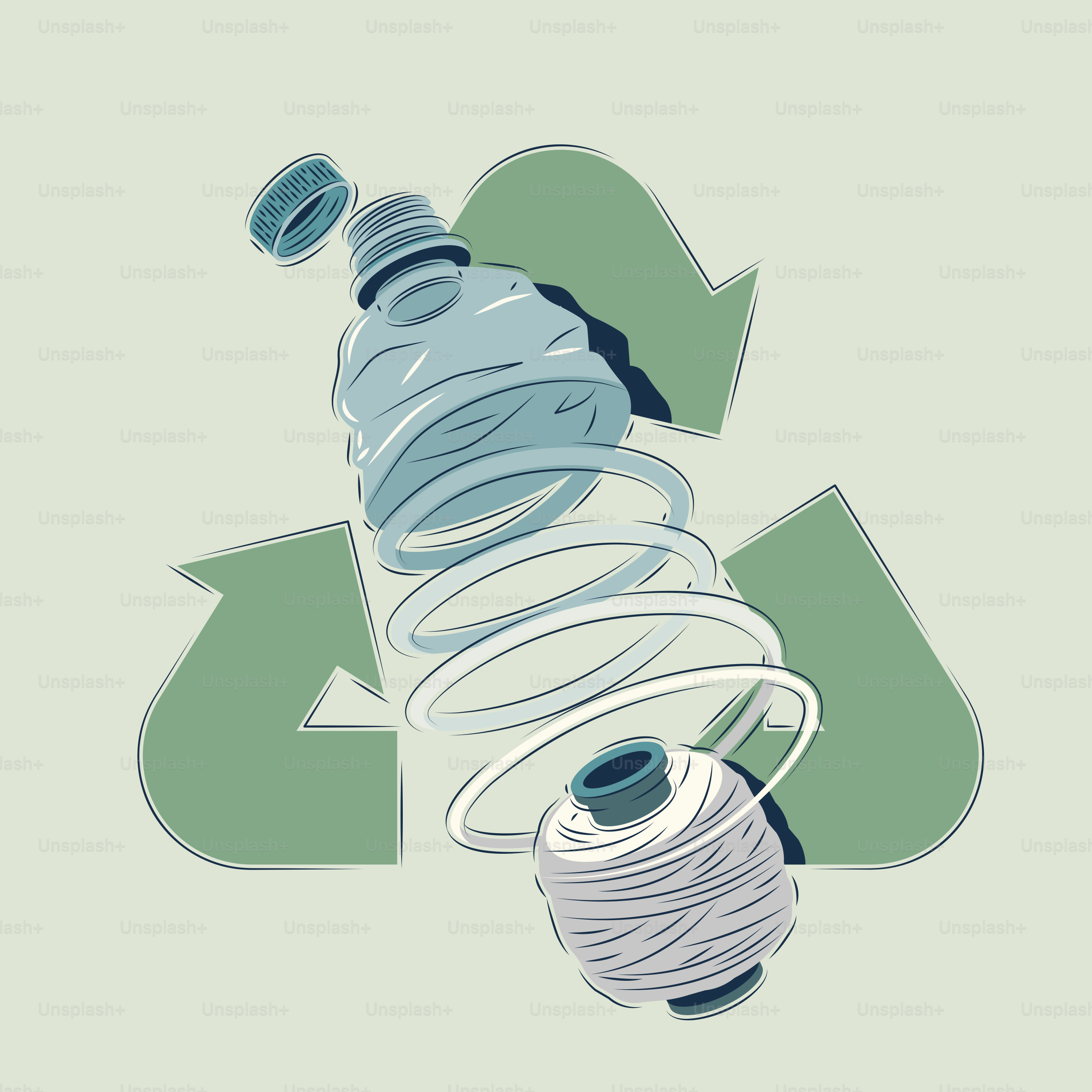 Plastikflasche verwandelt sich in einen Faden mit Recyclingsymbol