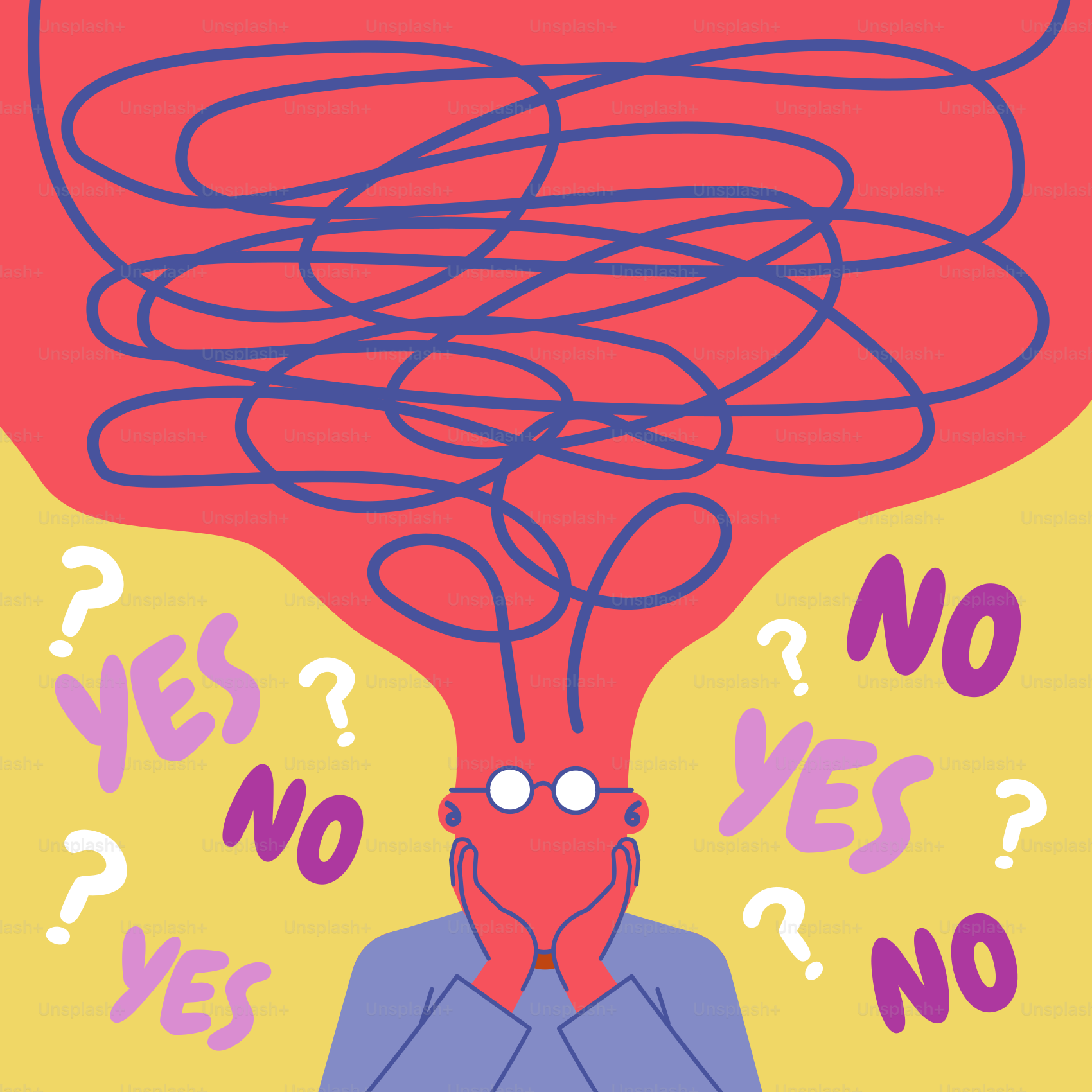 Pessoa confusa com pensamentos confusos e perguntas de sim/não.