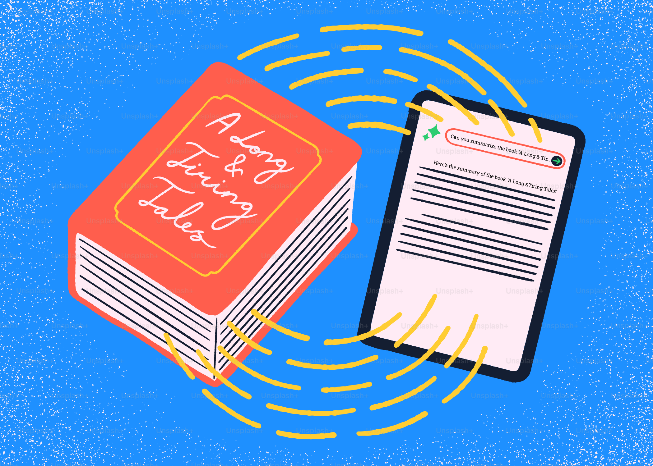 Livre et tablette avec des lignes rayonnantes sur fond bleu