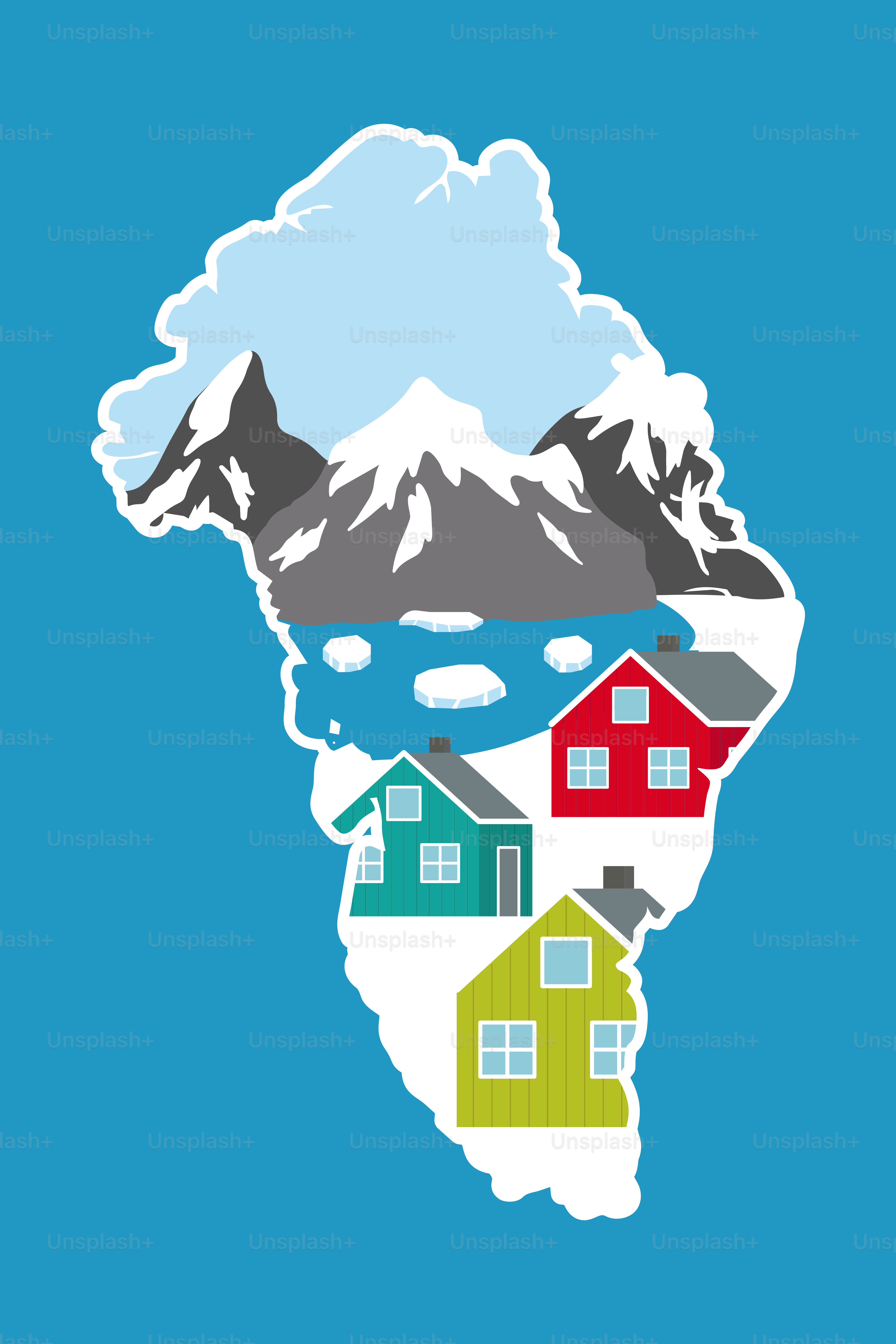 Bunte Häuser mit verschneiten Bergen und eiskaltem Wasser