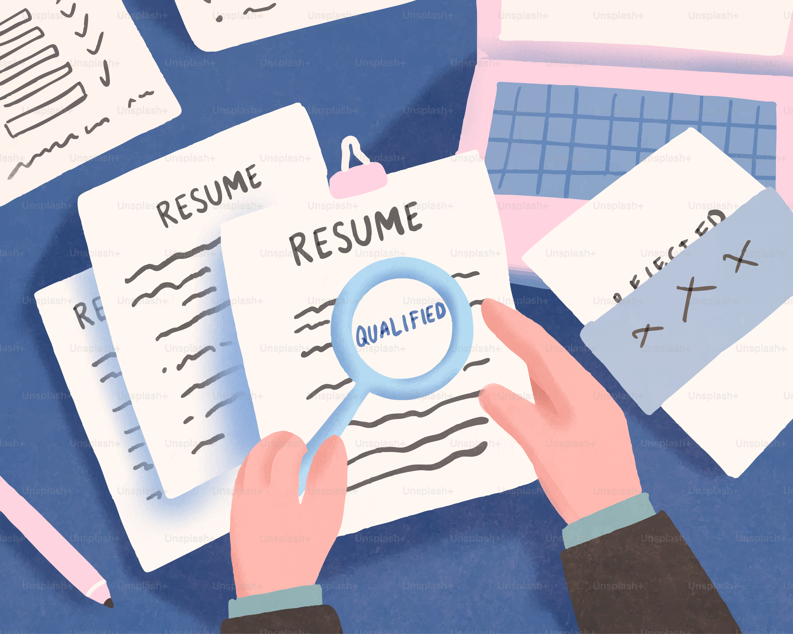 Hands holding magnifying glass over resume with word qualified.
