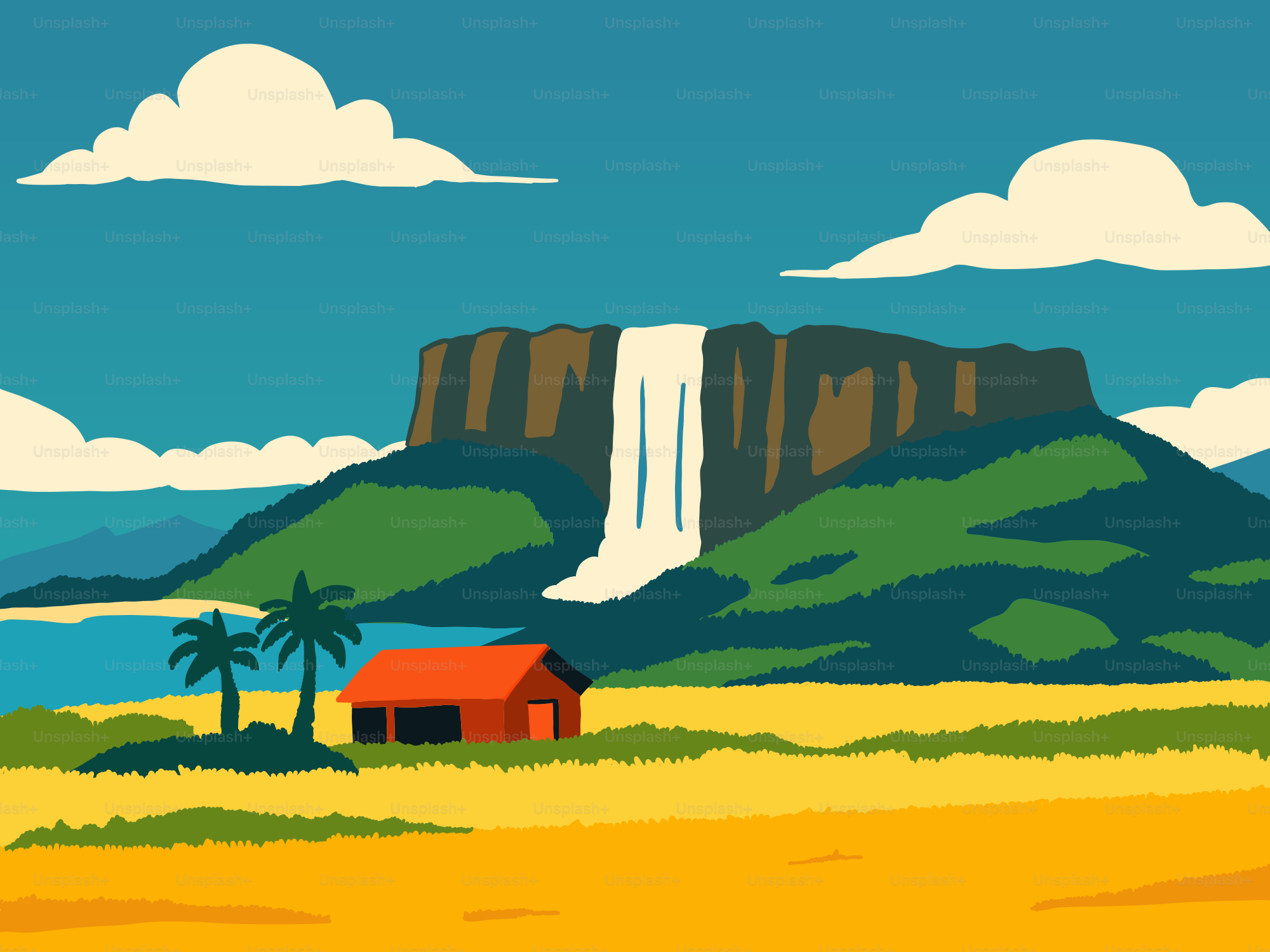 Wasserfall, der einen Berg in der Nähe eines tropischen Strandes hinunterstürzt.