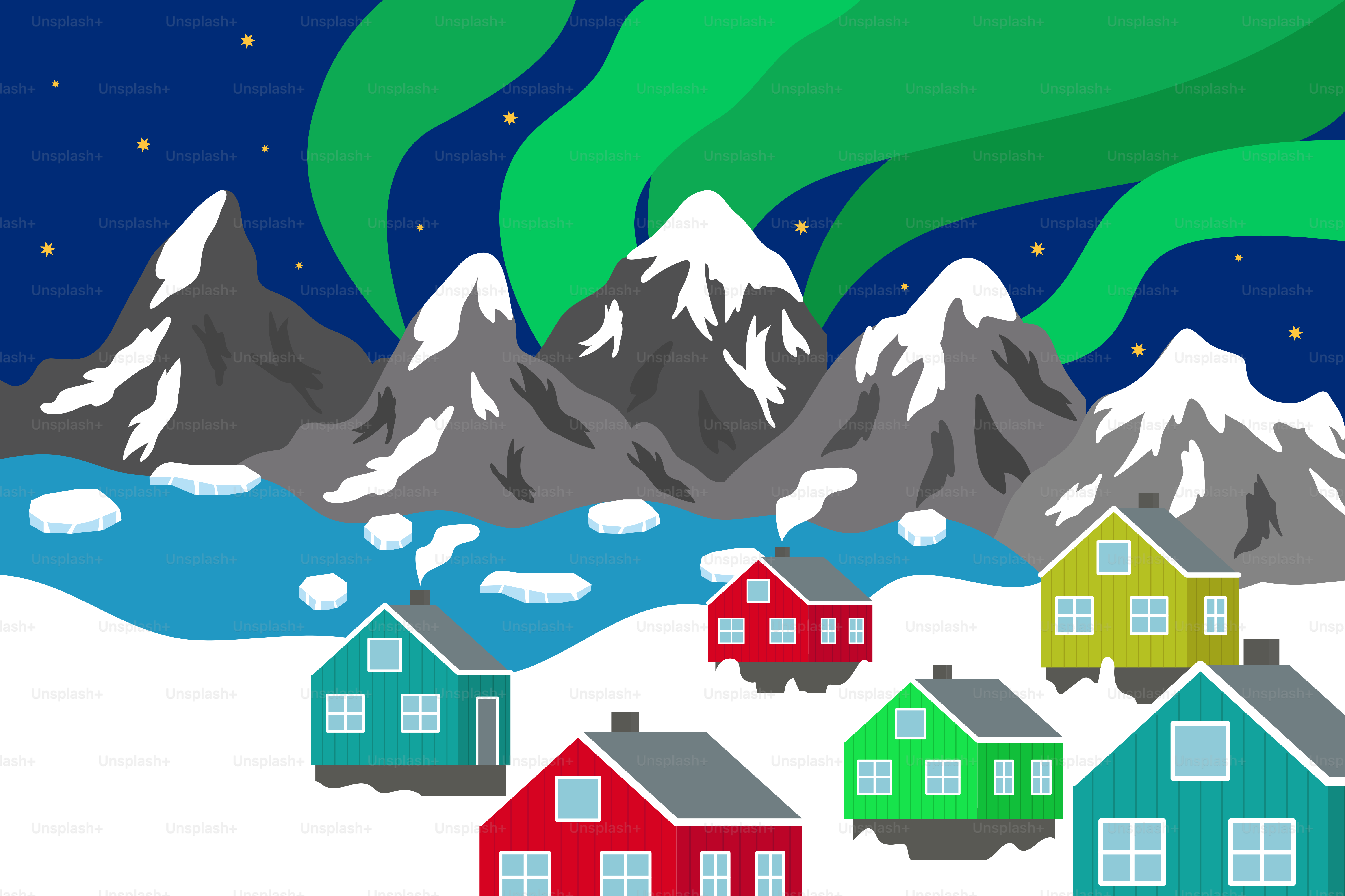 Bunte Häuser unter dem Nordlicht und verschneiten Bergen.