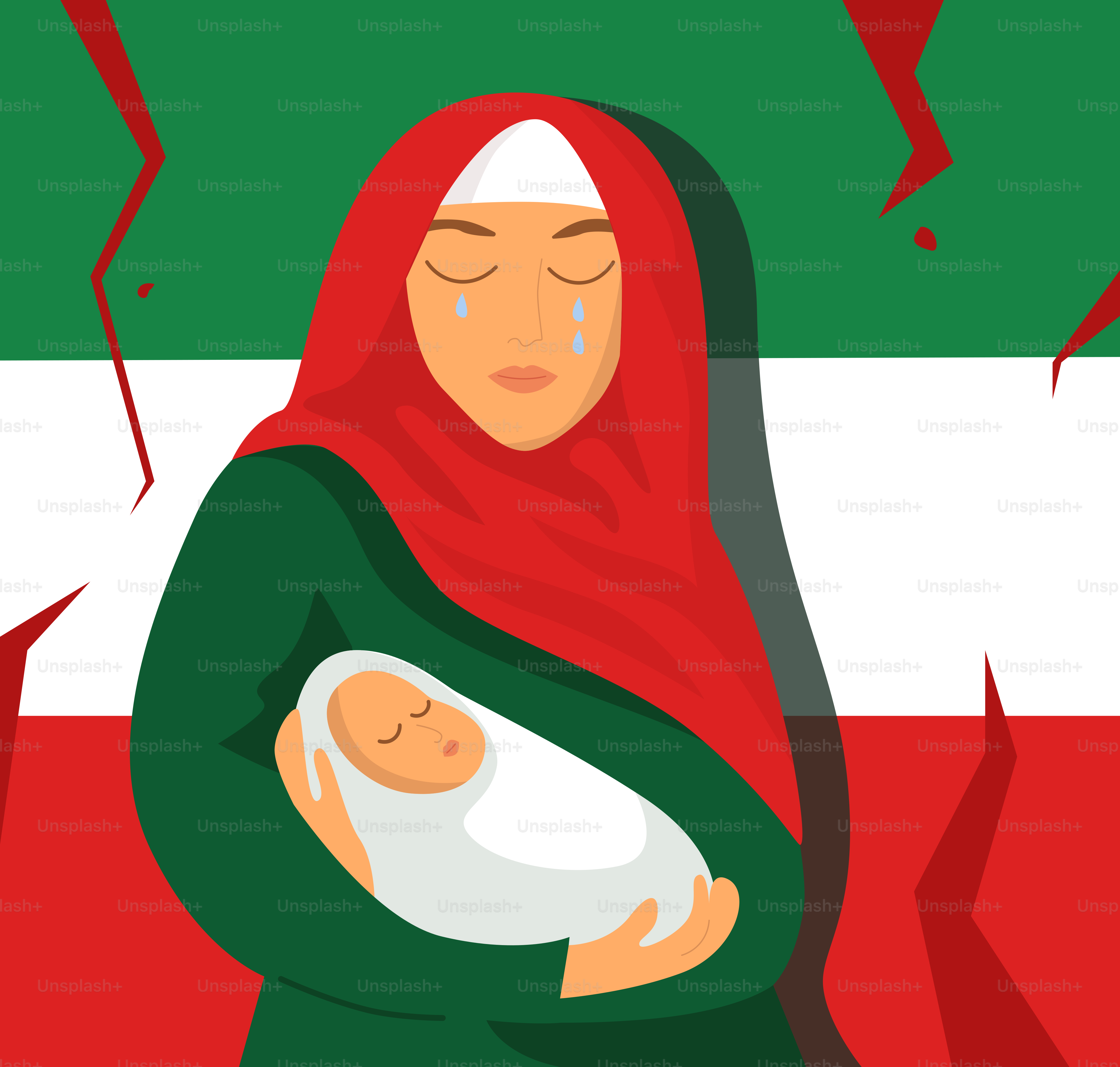 Mother holding baby with cracked flag background