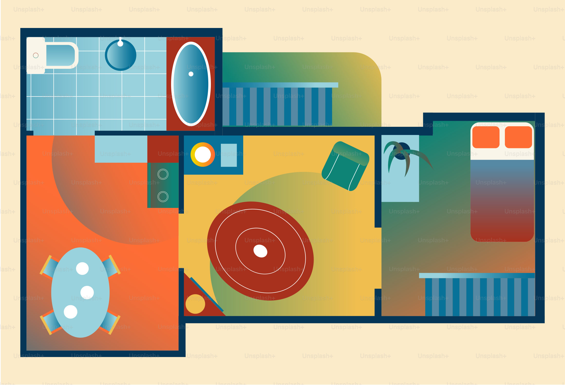 Ein farbenfroher Grundriss einer kleinen Wohnung.