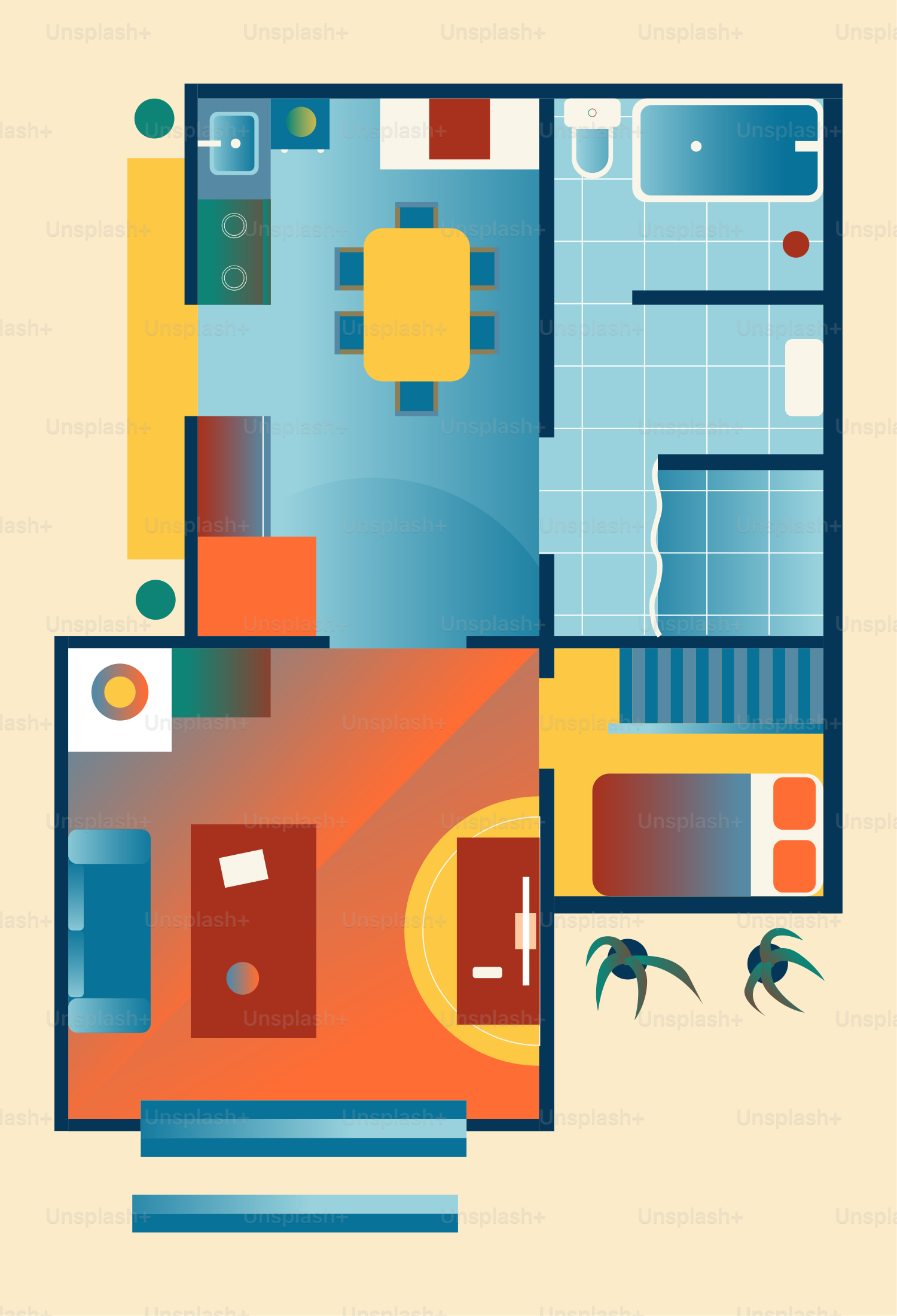 Farbenfroher Grundriss eines modernen Wohnungslayouts.