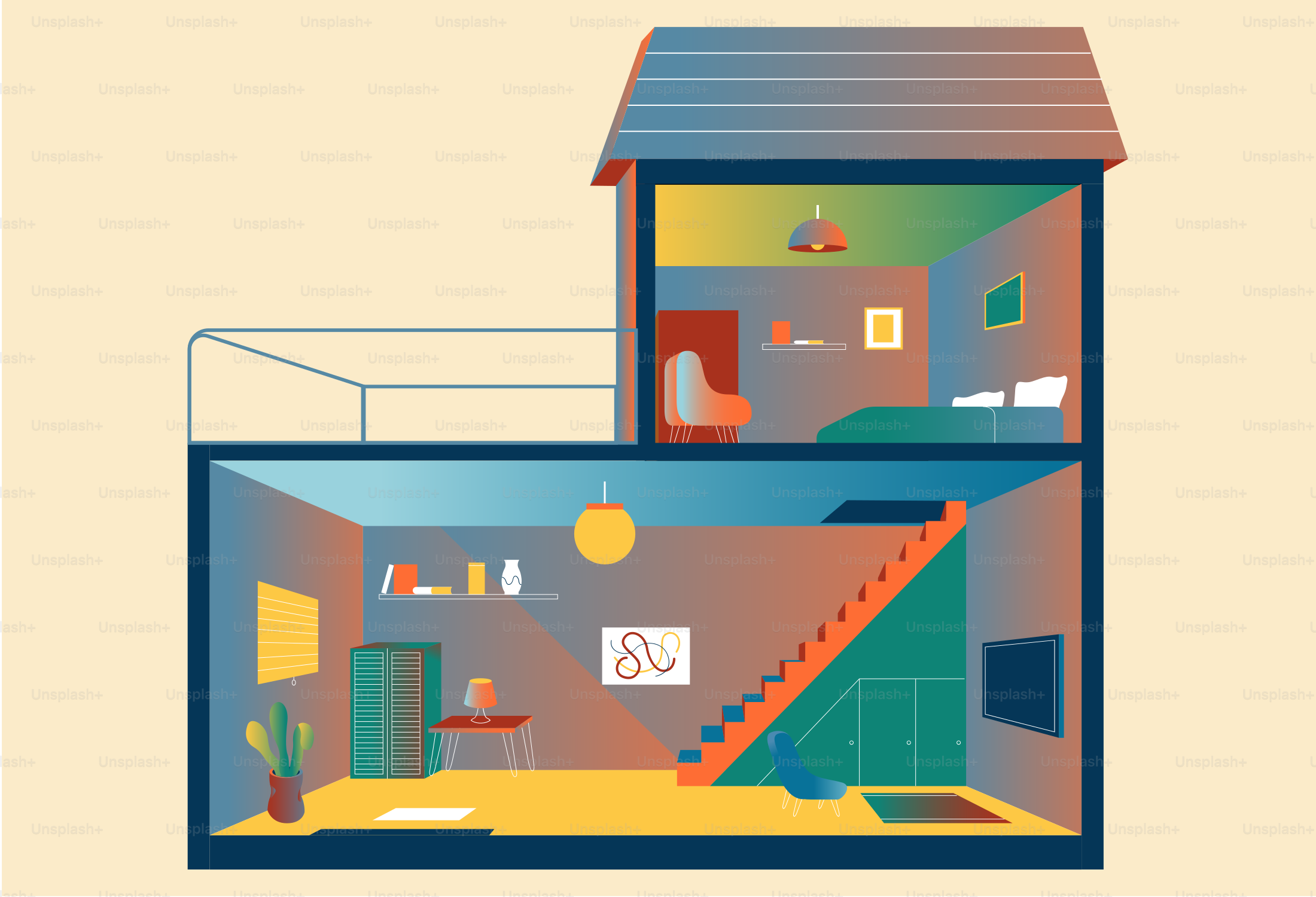 Querschnitt eines modernen Hausinnenraums mit Möbeln.