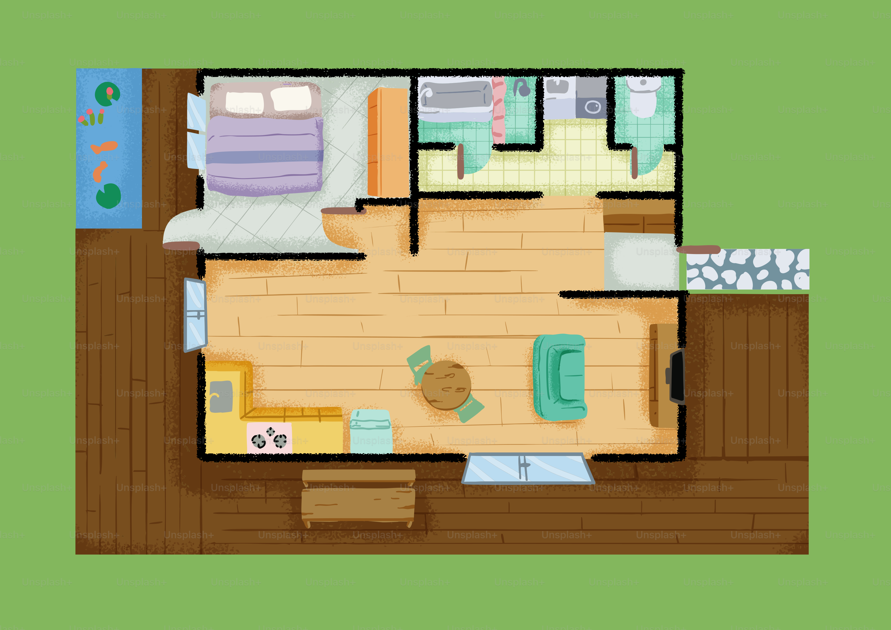 Floor plan of a small apartment with balcony and pond.