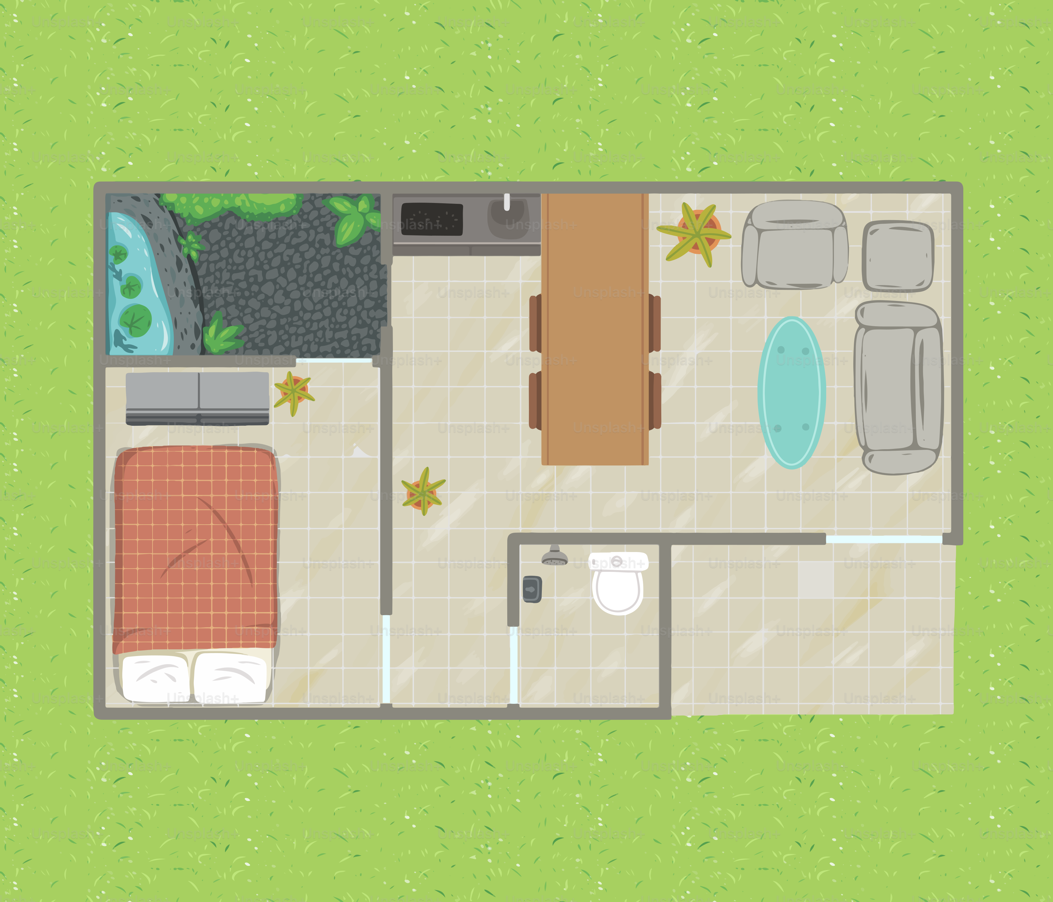 Vista cenital de un plano moderno de apartamento.