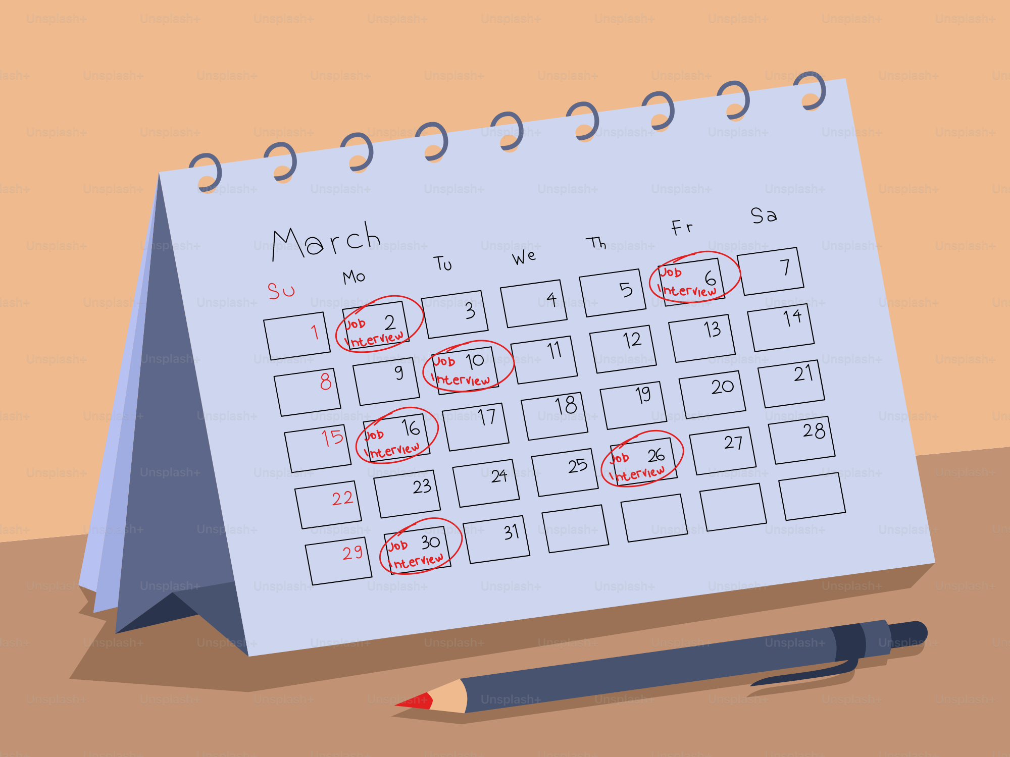 Calendrier de mars avec des dates encerclées et un stylo