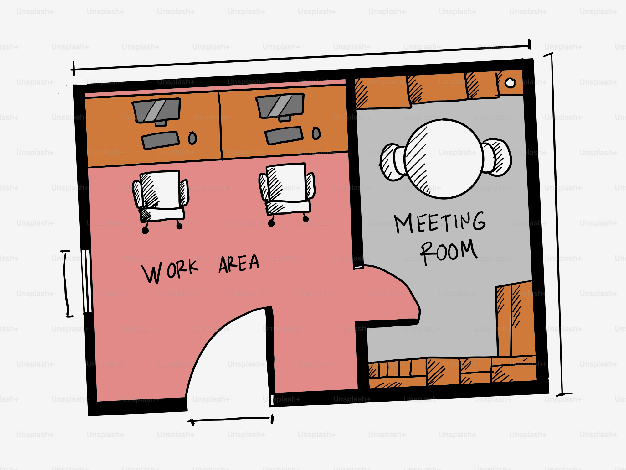 Plano de la oficina con zona de trabajo y sala de reuniones