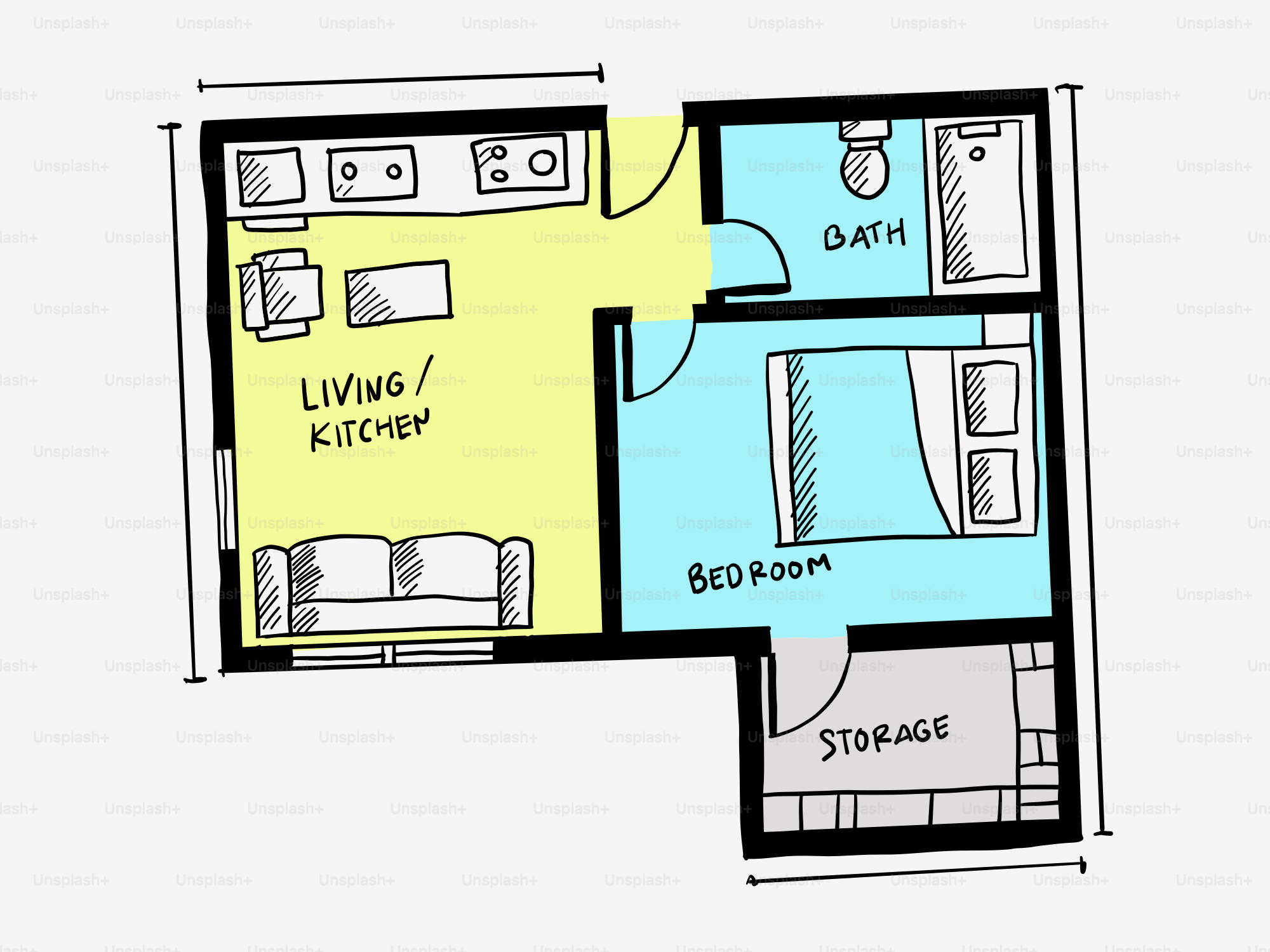 Plano de un pequeño apartamento con habitaciones etiquetadas.