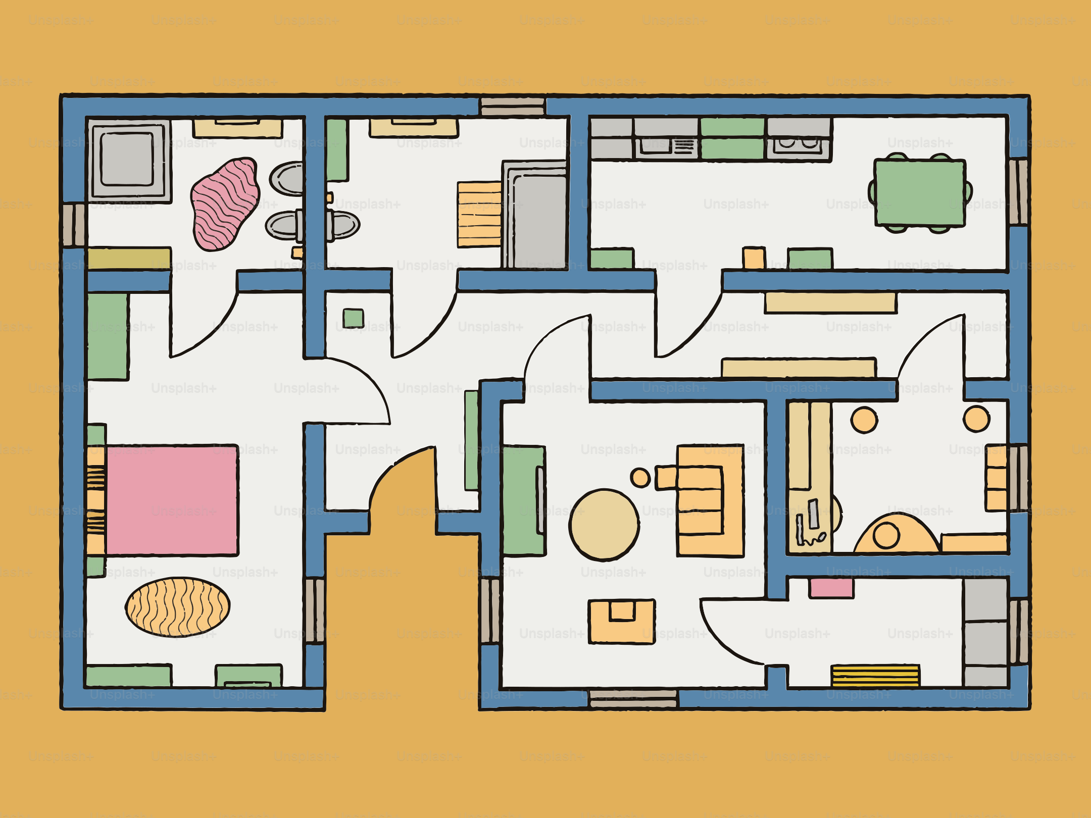 A colorful floor plan of a house with furniture.