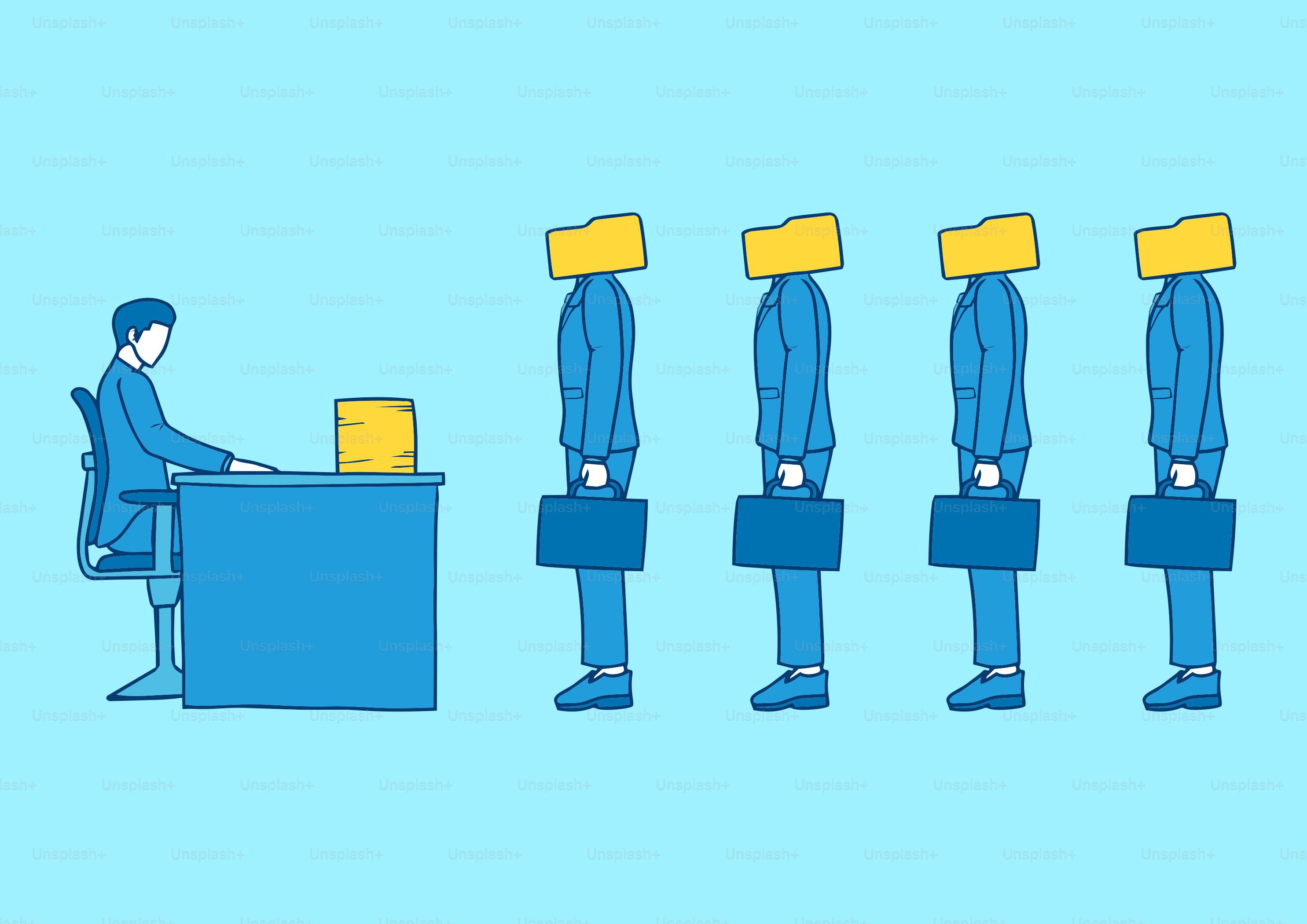 Mann interviewt Kandidaten mit Mappen für Köpfe.