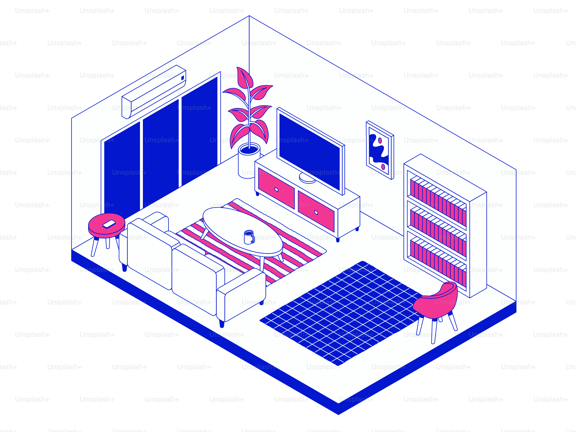 Vista isometrica di un soggiorno moderno con mobili.