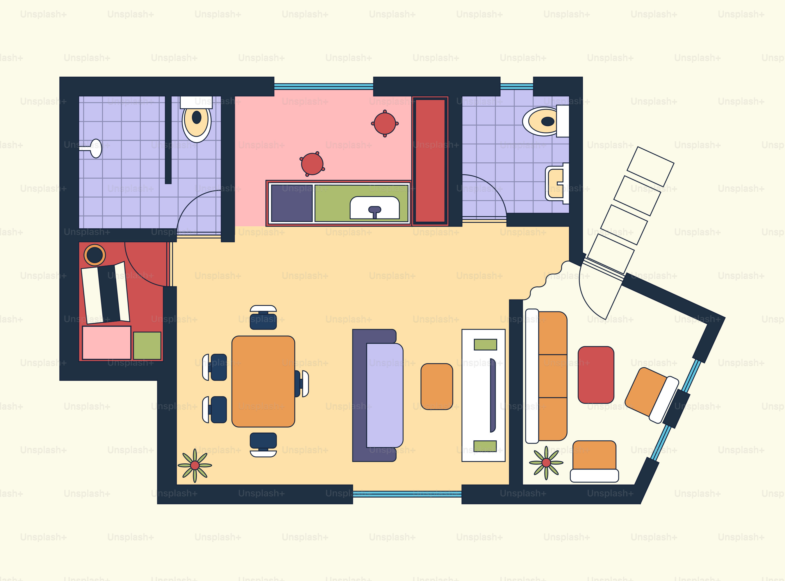 Un plan coloré d’un appartement moderne.