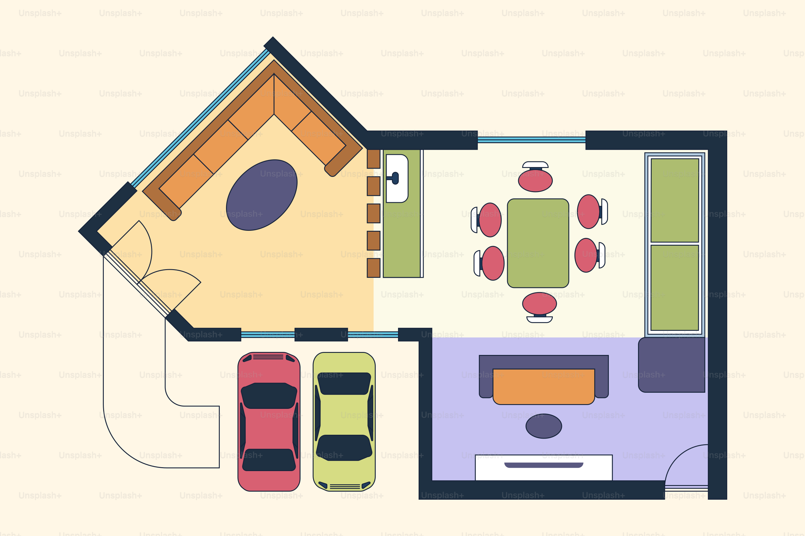 Plan d’étage d’une maison avec salons et espaces à manger.