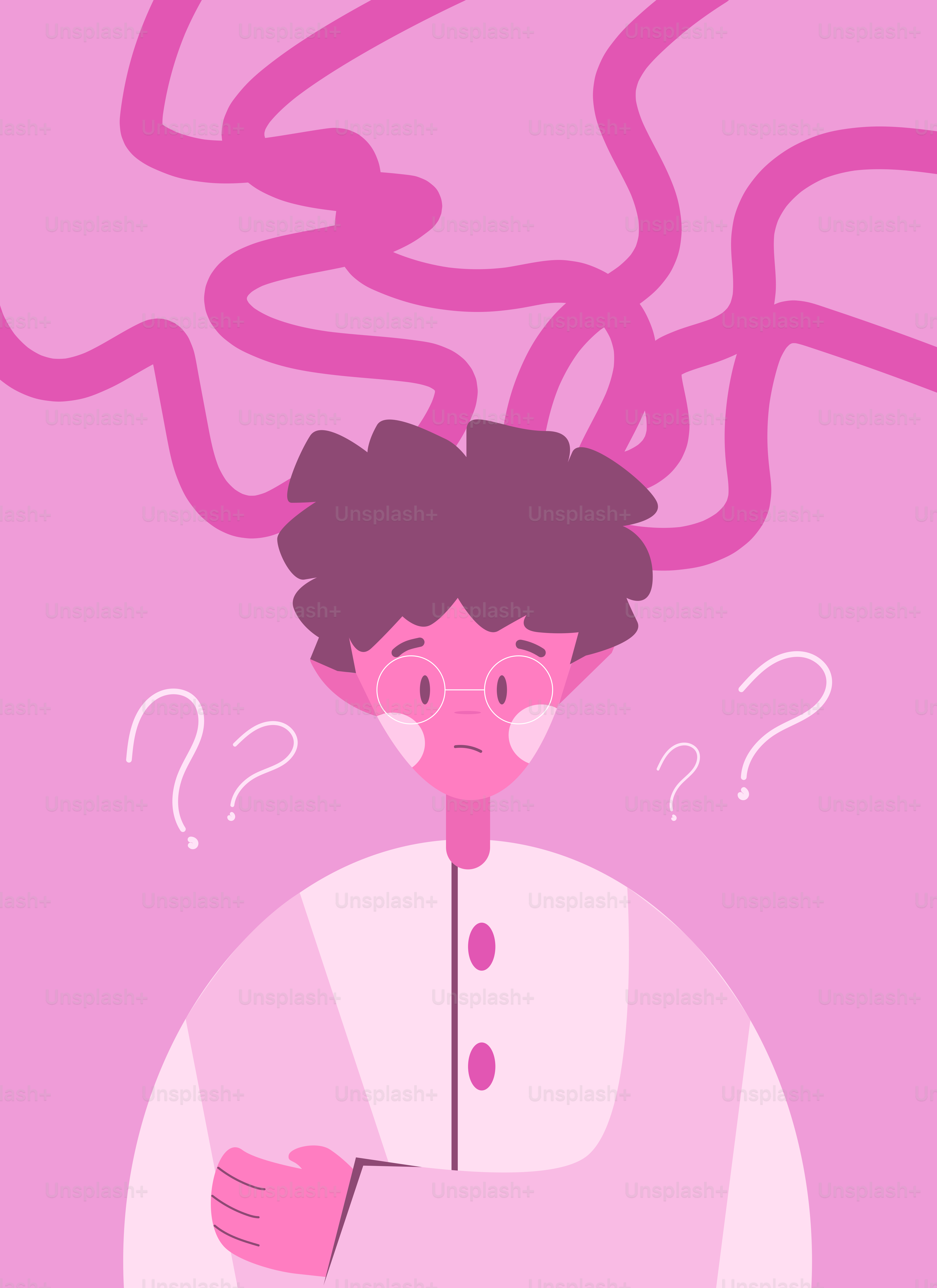 Confused person with tangled thoughts and question marks.