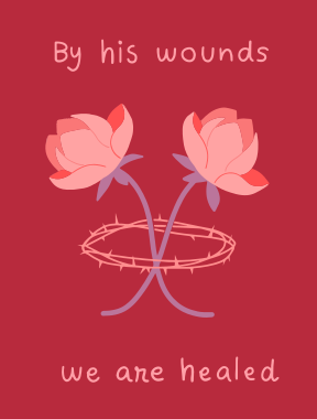 Two pink flowers with a crown of thorns.