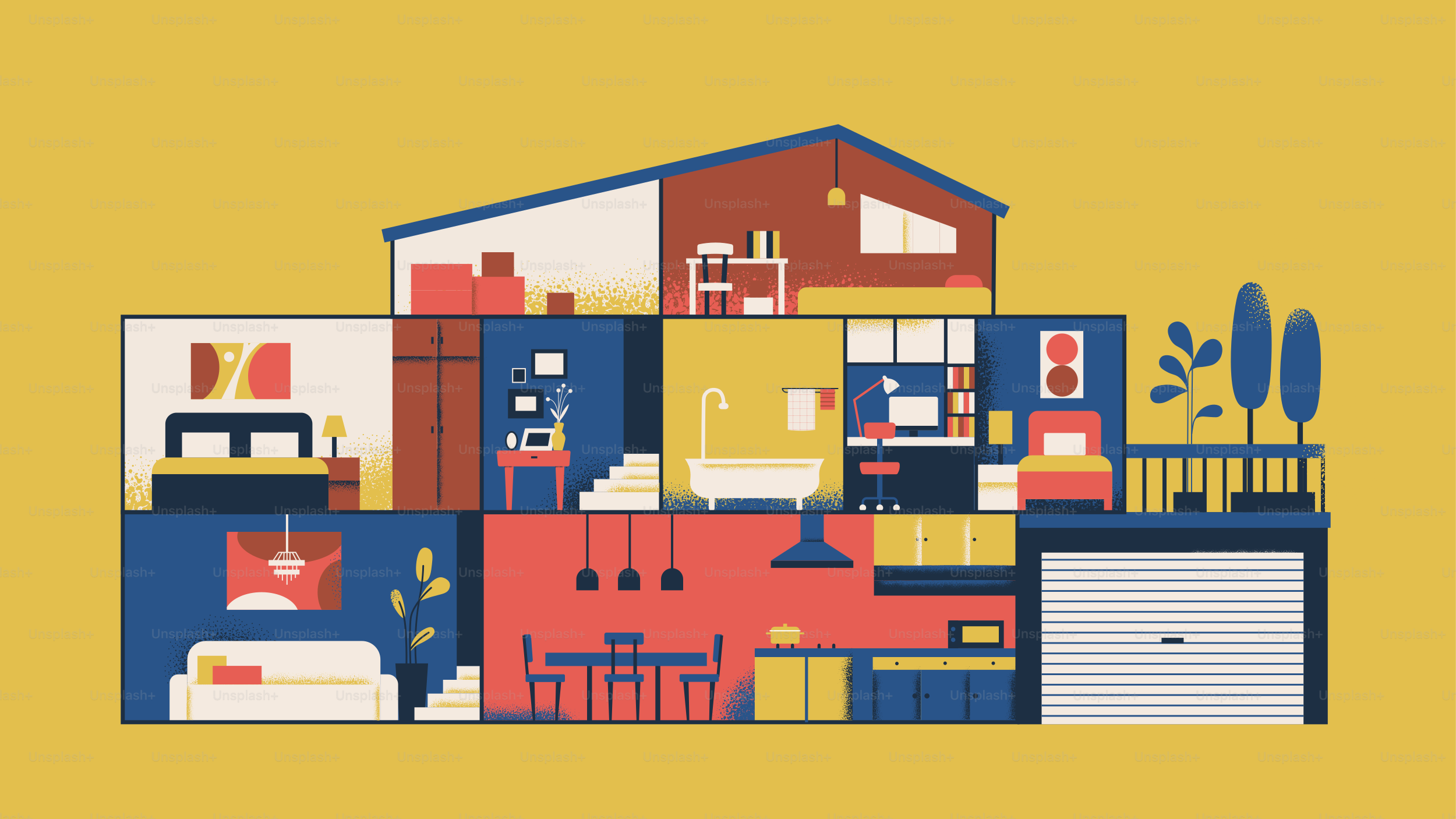 Cross-section of a modern house with colorful rooms