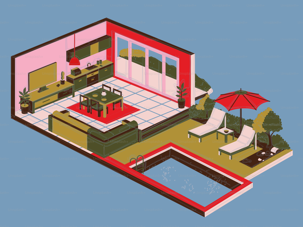 Salón moderno con mobiliario de piscina y patio